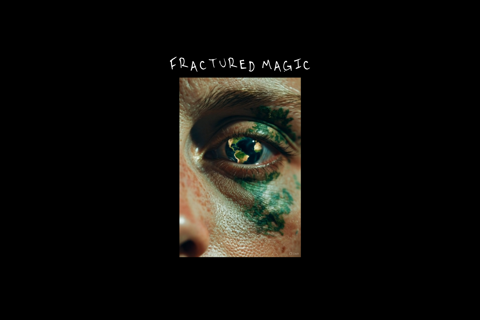 Handwritten song title ‘Fractured Magic’ on photograph of close-up of face and green eye for original track by November V. Visible text: ‘Fractured Magic’. Indie folk song exploring resilience, family, love, and the quiet battles of the human conditi