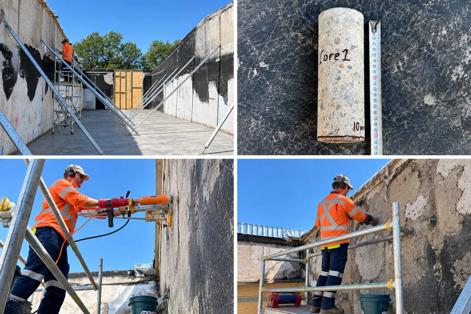 Coring fire-affected concrete wall panels from scaffold, and Core 1 showing a 10 mm heat-affected zone