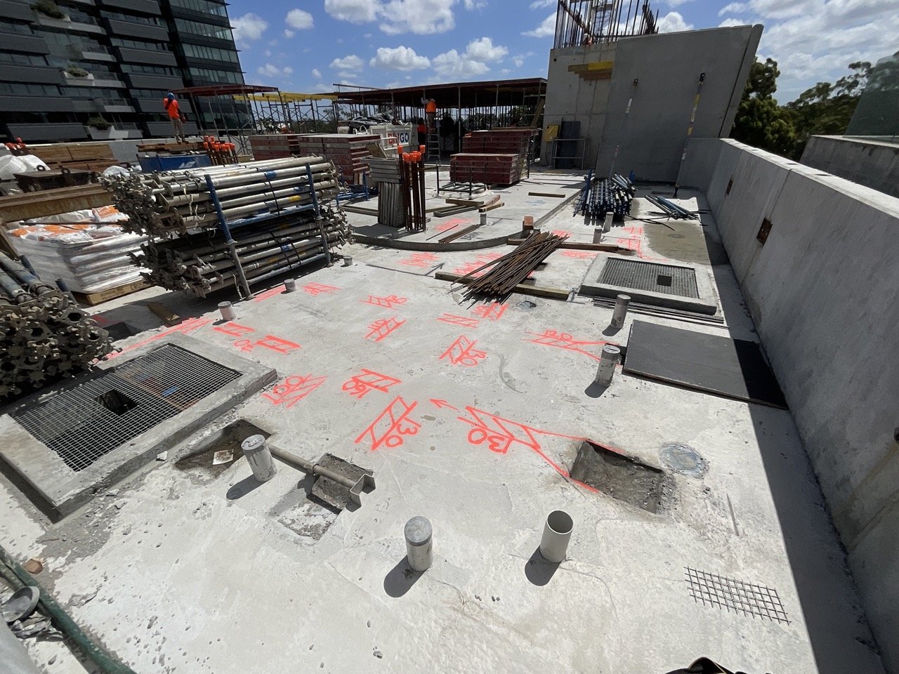 GPR scan markings on rooftop concrete slab