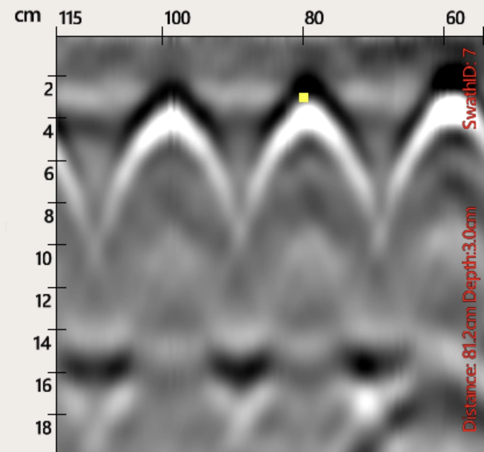 GPR radar scan showing rebar hyperbolas