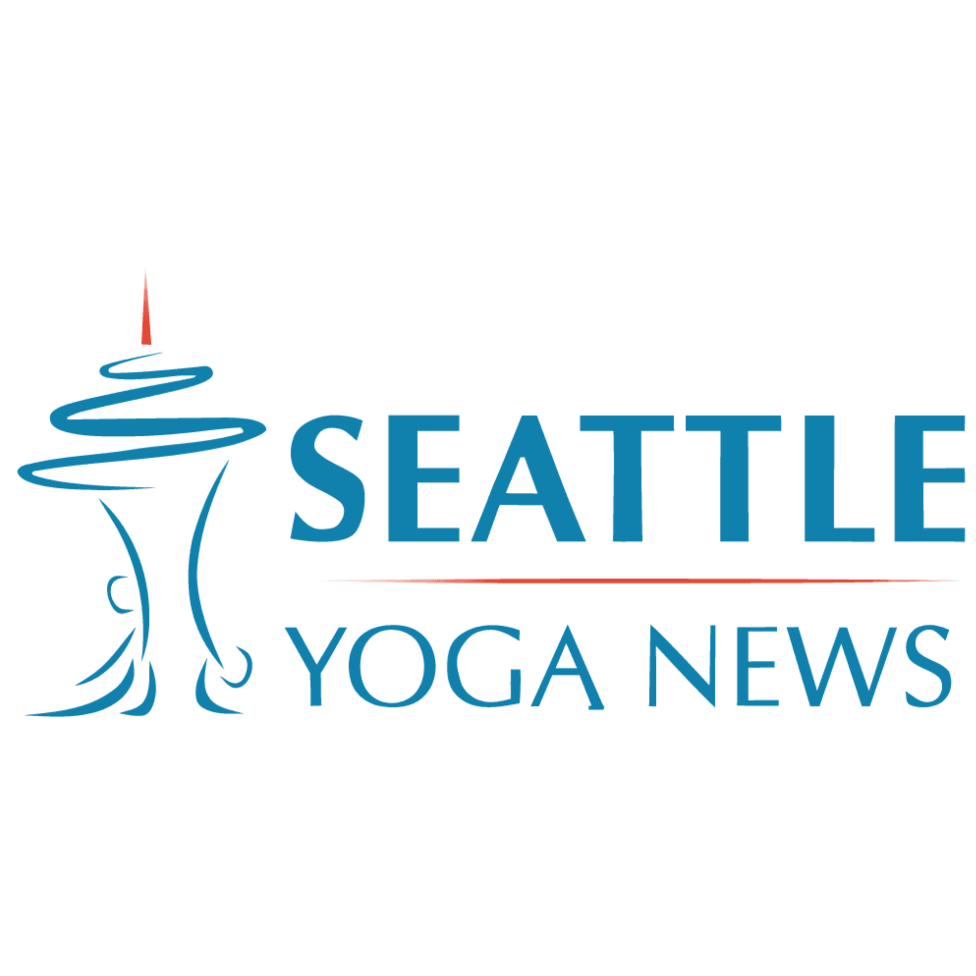 Seattle Yoga News logo featuring a stylized depiction of the Space Needle with a red dot at the top and the words "Seattle Yoga News" in blue text.