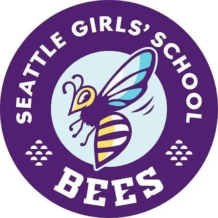 Logo of Seattle Girls' School with a bee illustration and purple and light blue colors.