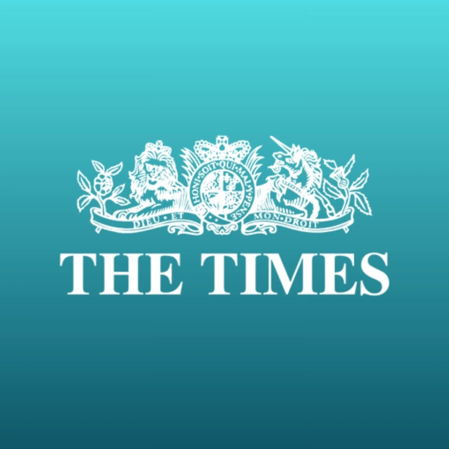 Logo of The Times newspaper with crest featuring a lion and a unicorn, with the Latin motto 'Honi Soit Qui Mal Y Pense' on a blue gradient background.
