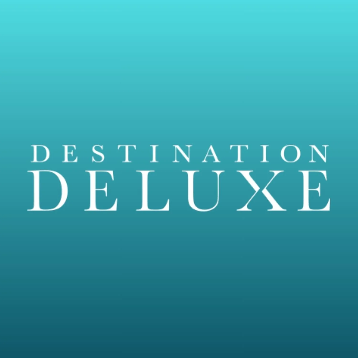 The image features the text 'Destination Deluxe' in white letters on a gradient teal background.