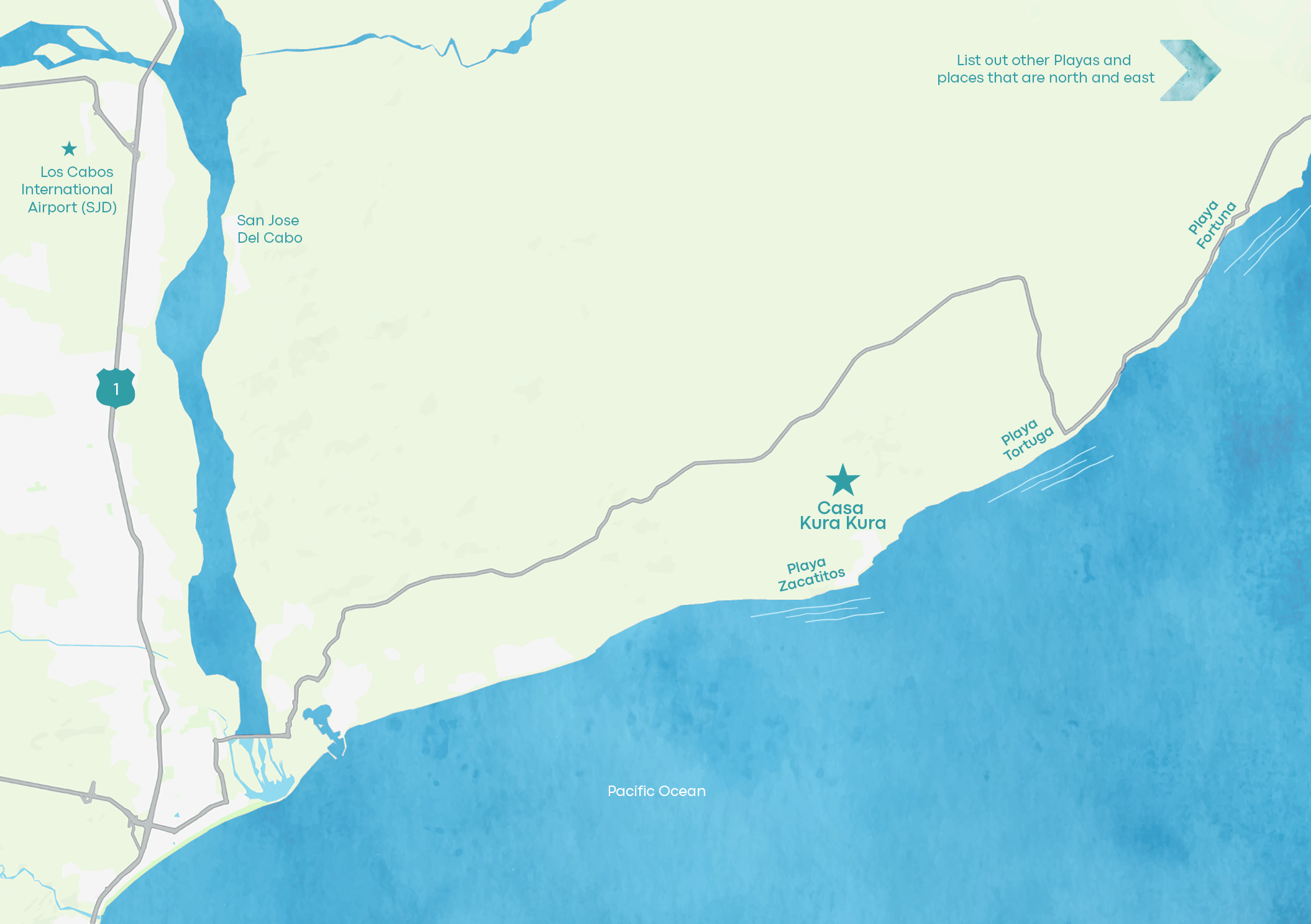 Map showing notable locations such as Los Cabos International Airport, San Jose del Cabo, and Playa Fortuna. The map includes various beaches like Playa Tortuga and Playa Zacatitos, and a road network connecting these areas in a light gray color. The Pacific Ocean is visible to the south.