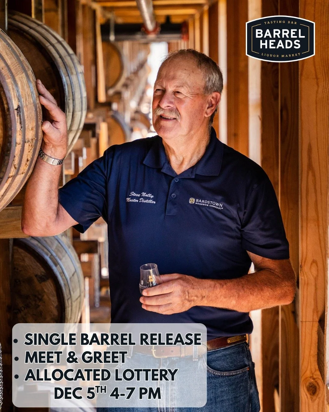 🥃 An Evening with Steve Nally &mdash; Master Distiller of Bardstown Bourbon Company! 🥃

Join us Friday, December 5th from 4PM&ndash;7PM at Barrel Heads Liquor Market &amp; Tasting Bar for an unforgettable night with bourbon legend Steve Nally, Mast