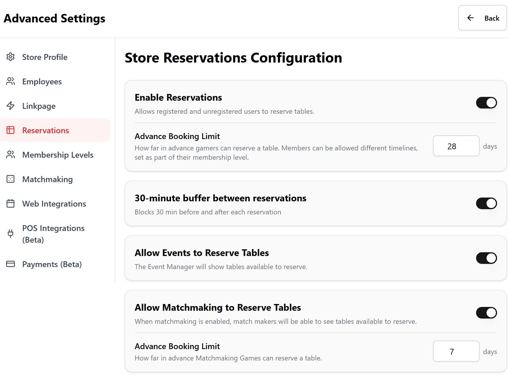 Screenshot of advanced store reservation settings page showing options to enable reservations, set advance booking limit to 28 days, enable 30-minute buffer between reservations, and allow events and matchmaking to reserve tables.