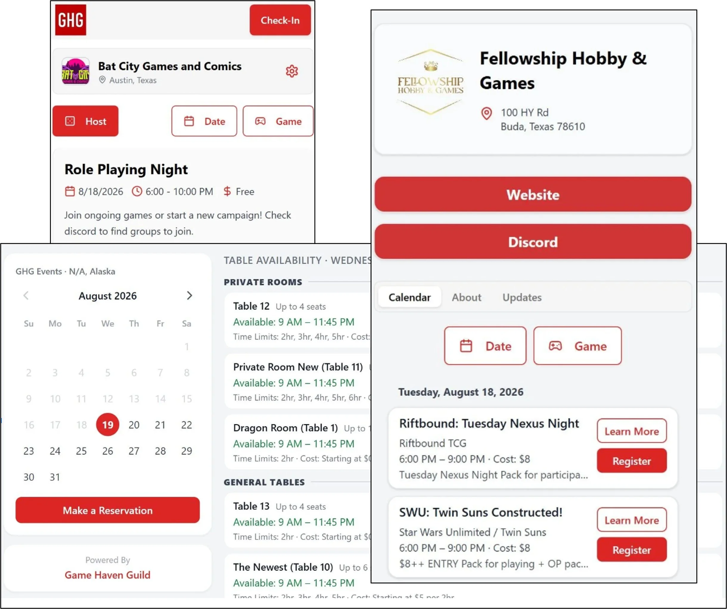 Screenshots of a mobile app interface for a gaming event organization platform. Features include event details such as date, time, location, and options to register or join for various game nights and tournaments. The interface displays event titles like Role Playing Night, Dragon Room, Riftbound: Tuesday Nexus Night, and Star Wars Unlimited, with buttons for website, discord, registration, and more. There are navigation tabs for calendar, about, and updates, along with event icons and location details.