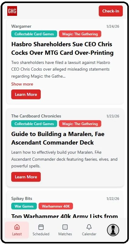 Mobile app screen displaying news articles about collectible card games and war games, with date, category tags, and red 'Learn More' buttons.