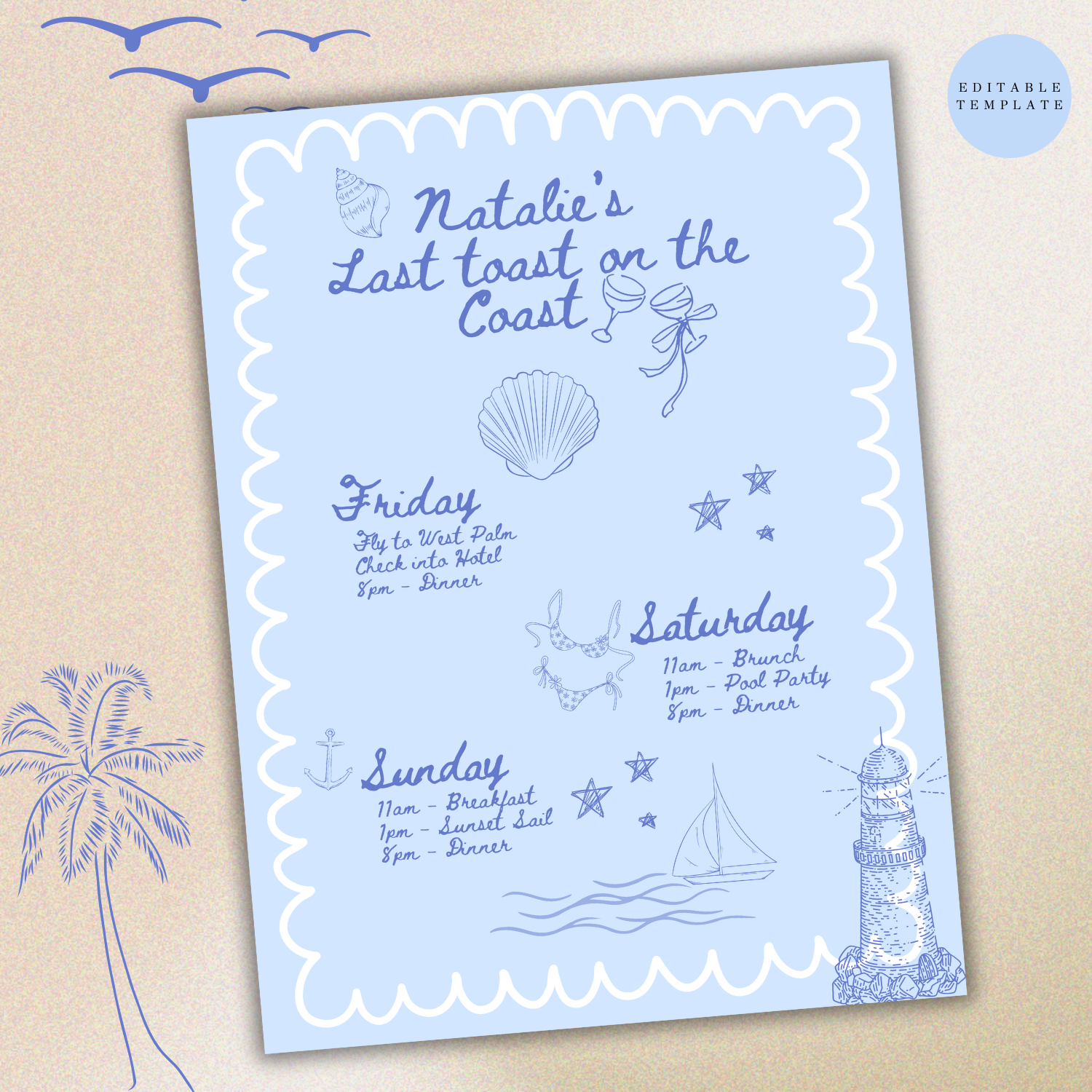 Editable itinerary template for 'Natalie’s Last Toast on the Coast' featuring events from Friday to Sunday with coastal-themed illustrations like seashells, wine glasses, and a lighthouse on a blue background.
