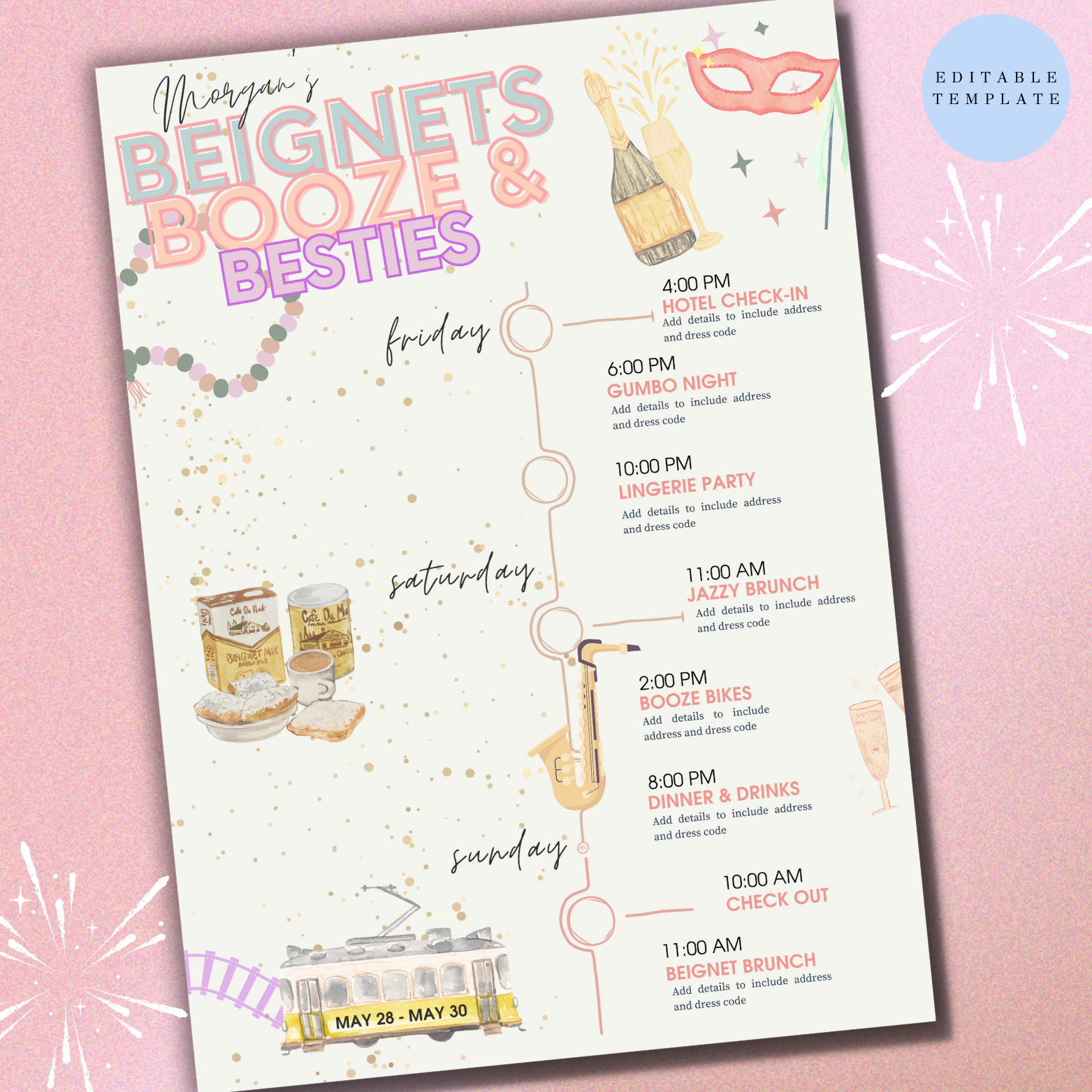 Editable itinerary template for a weekend event titled "Beignets, Booze & Besties," featuring activities scheduled for Friday, Saturday, and Sunday. Events include hotel check-in, gumbo night, lingerie party, jazzy brunch, booze bikes, dinner and dri