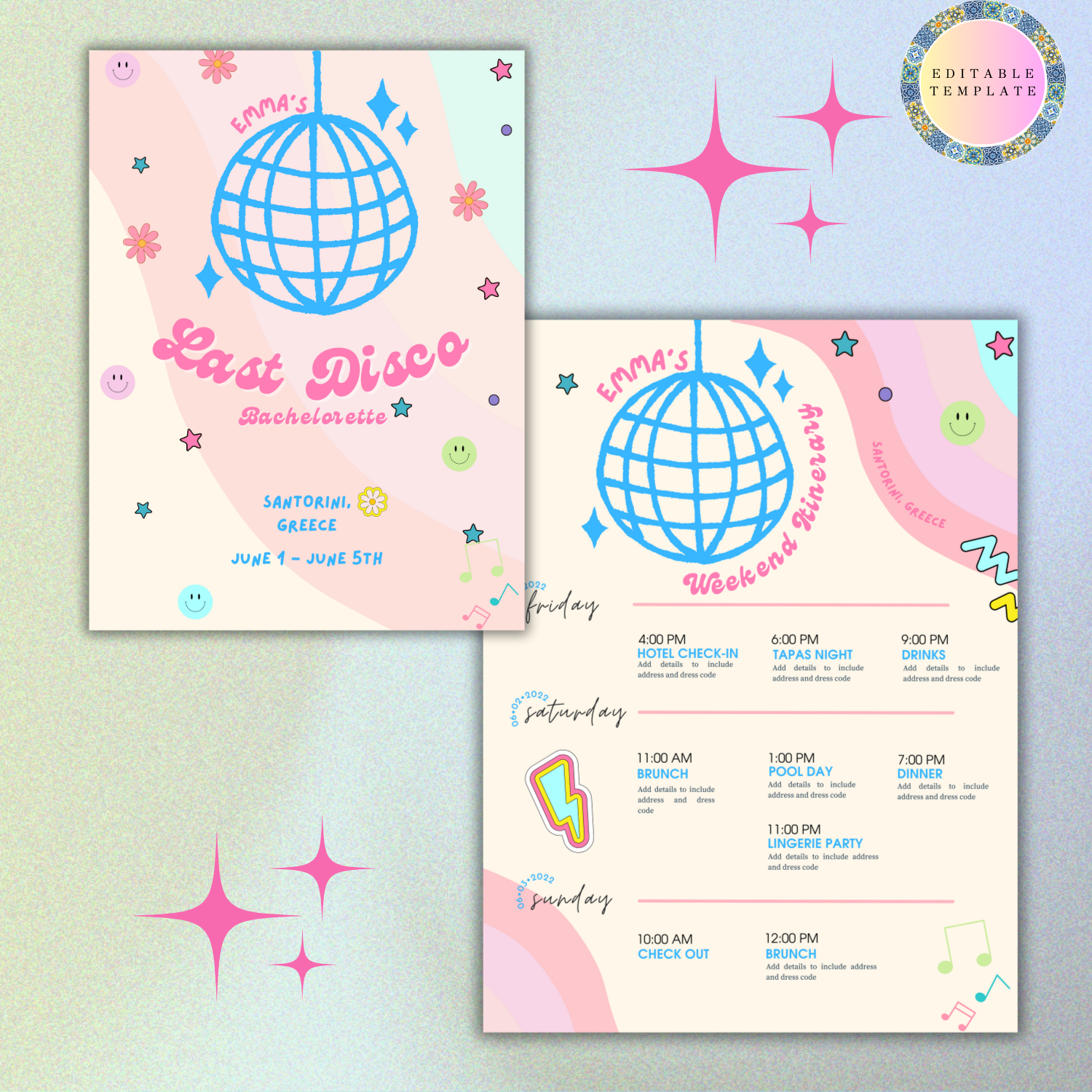 Illustrated bachelorette party invitation with a disco theme, featuring a blue disco ball and decorative elements like musical notes, stars, and smiley faces. The event is titled "Emma's Last Disco" in Santorini, Greece, from June 1-5. A second panel
