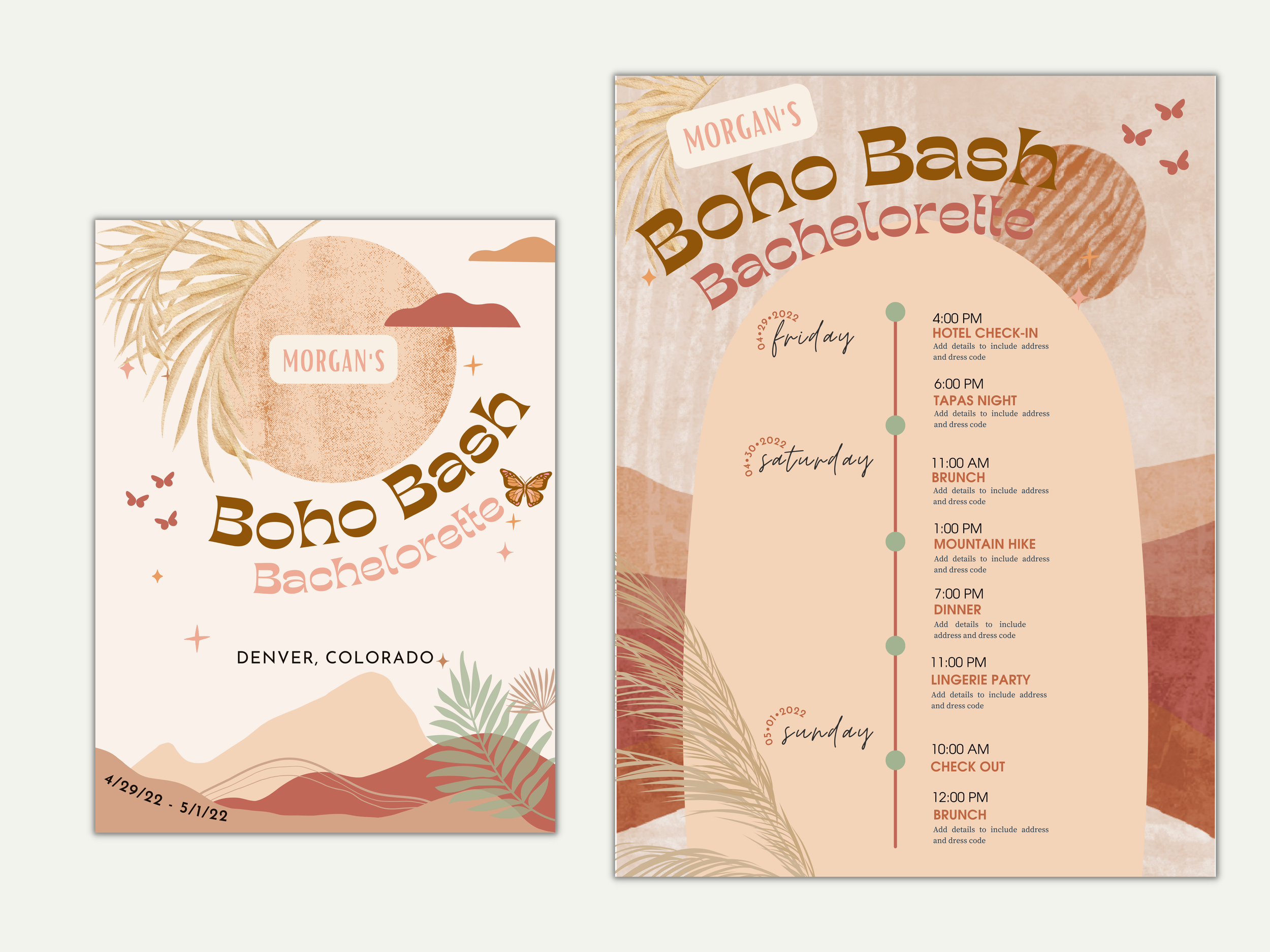 Boho-themed bachelorette party invitation with schedule in earthy tones, featuring text "Morgan's Boho Bash Bachelorette," location Denver, Colorado, and event dates 4/29/22 - 5/1/22. Decorated with abstract shapes, botanical elements, and a detailed