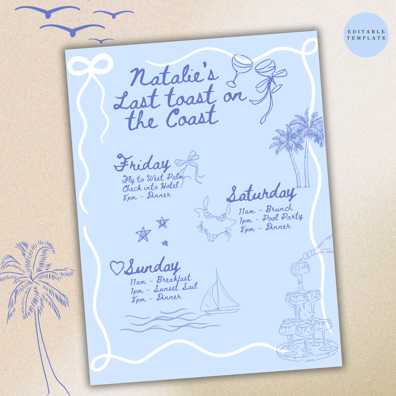 Bridal itinerary template with beach theme, showing travel and event details for "Natalie's Last Toast on the Coast." Includes schedule for Friday, Saturday, and Sunday with activities like brunch, pool party, and sunset sail. Illustrated with beach 