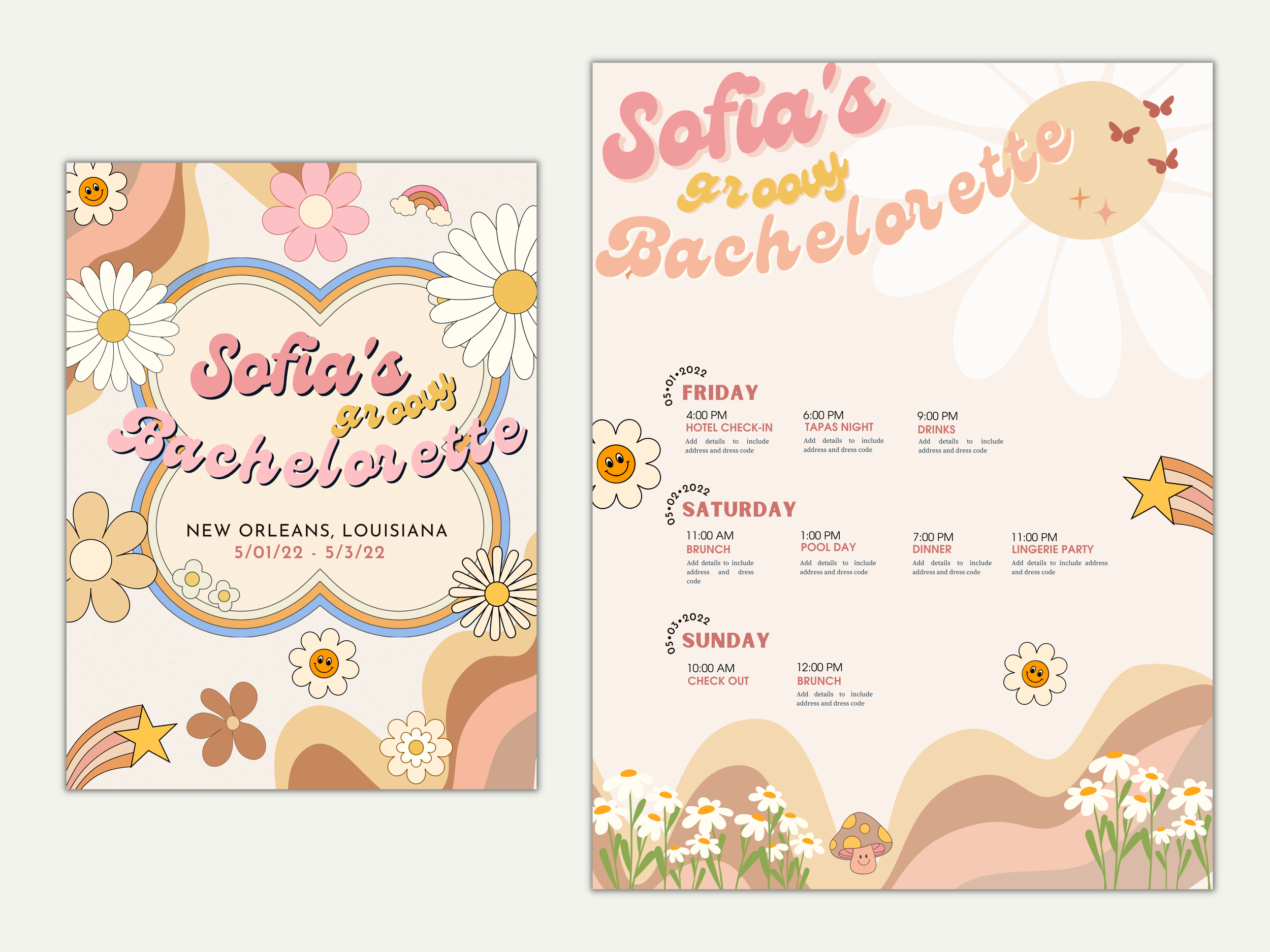 Two event invitations for "Sofia's Groovy Bachelorette" in New Orleans, Louisiana on 5/01/22 to 5/3/22. The left invitation features colorful 70s-inspired graphics with flowers and stars. The right invitation details the itinerary with activities lik