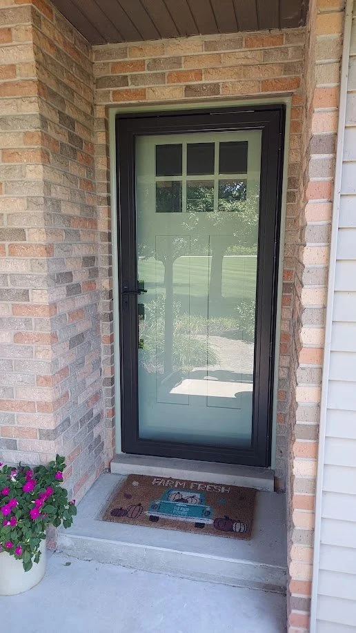 Front door with a glass storm door, brick and vinyl siding exterior, flower pot with purple flowers, and a welcome mat.