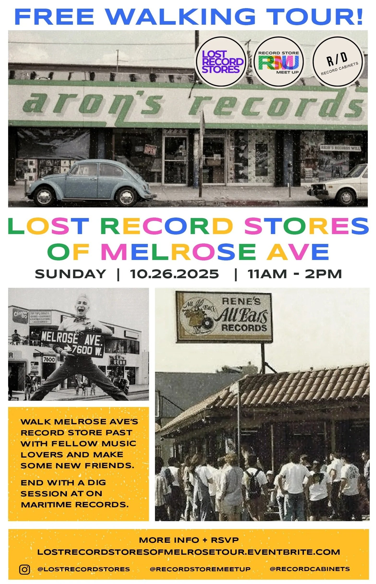 A flyer promoting a 10/26/25 free walking tour of the lost record stores of Melrose Ave.