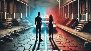 A street scene with two silhouetted figures standing in front of a police car with red and blue lights, surrounded by old buildings.