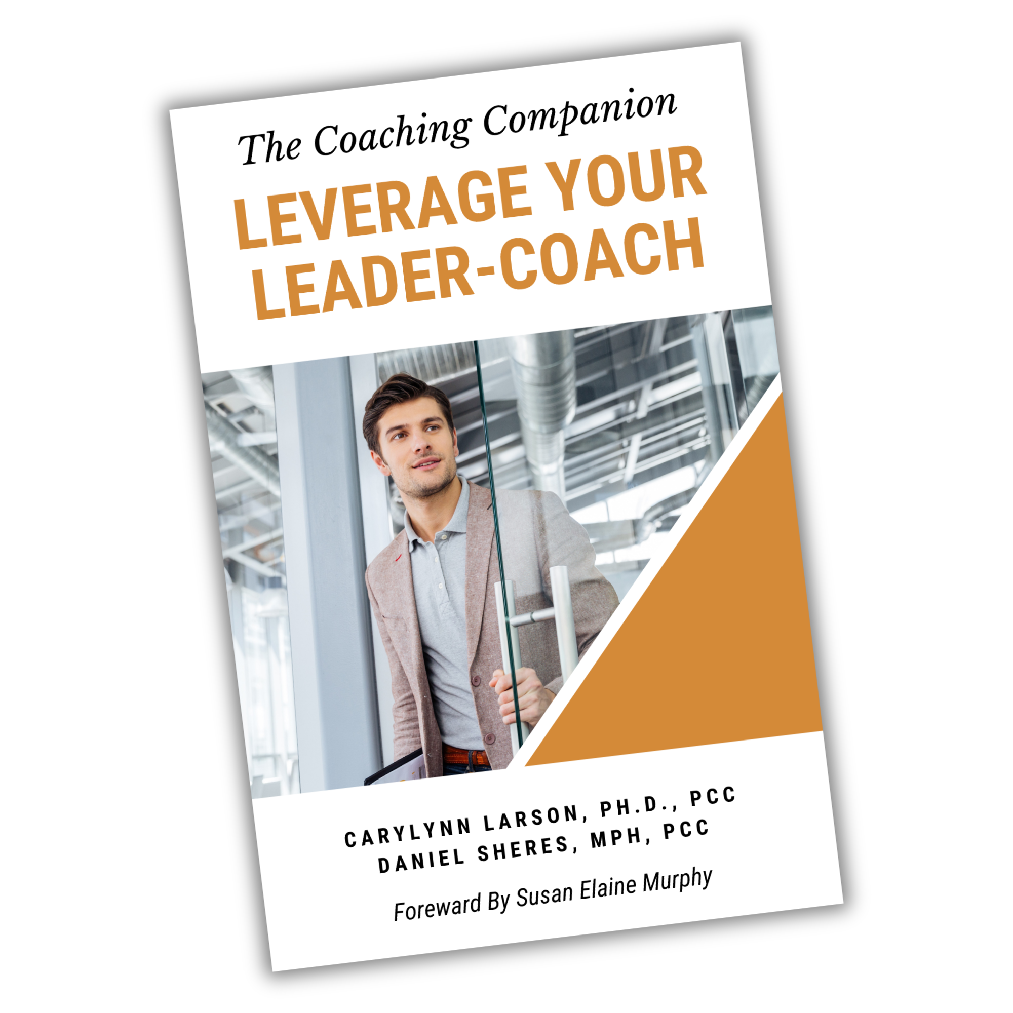 Book cover titled 'Leverage Your Leader-Coach' by Carlyynn Larson and Daniel Sheres, with a photo of a young man in a business suit in a modern office.