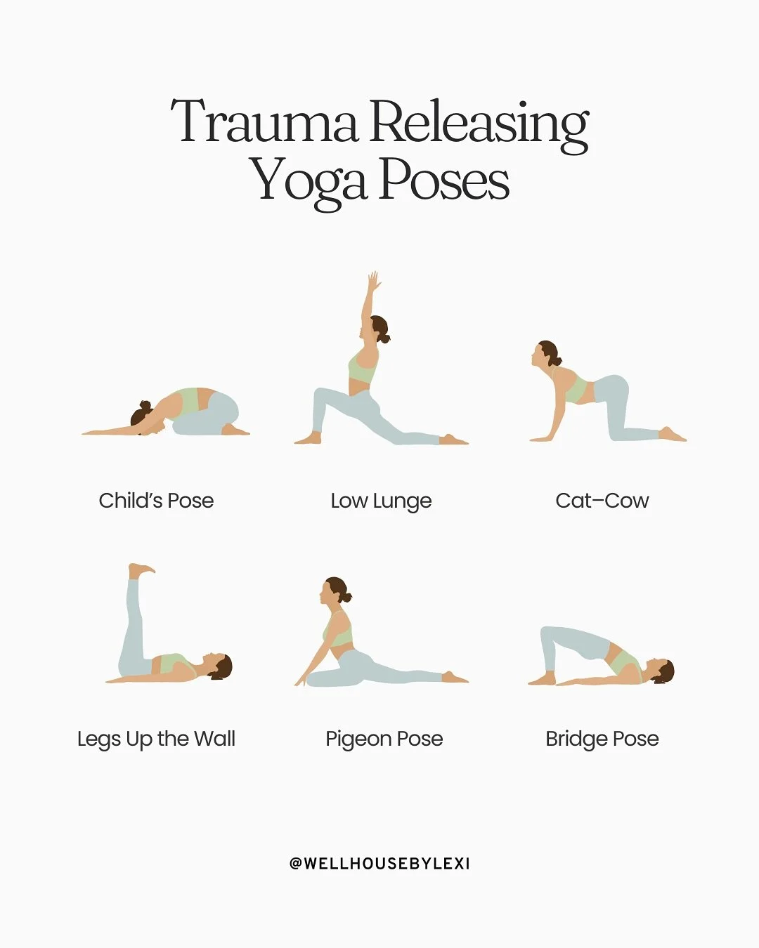 When stress or trauma settles in the body, it often shows up as tightness, shallow breath, overwhelm, or that sense of being &ldquo;on edge&rdquo; for no clear reason.

Swipe to learn how each pose supports your nervous system, encourages emotional r