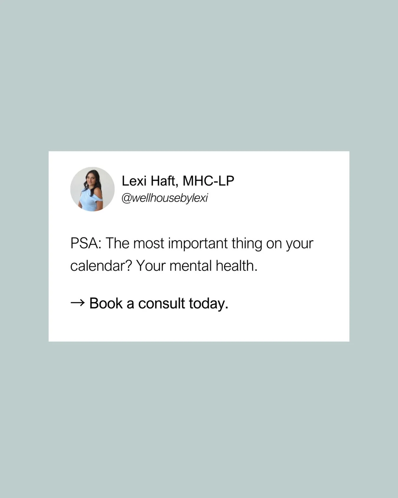 Your mental health deserves the same time, space, and attention you give to work, plans, and everyone else&rsquo;s needs.

Let this be your sign to prioritize YOU.
 Book a consult today&mdash;your future self will thank you. 📆❤️

#mentalhealthmatter