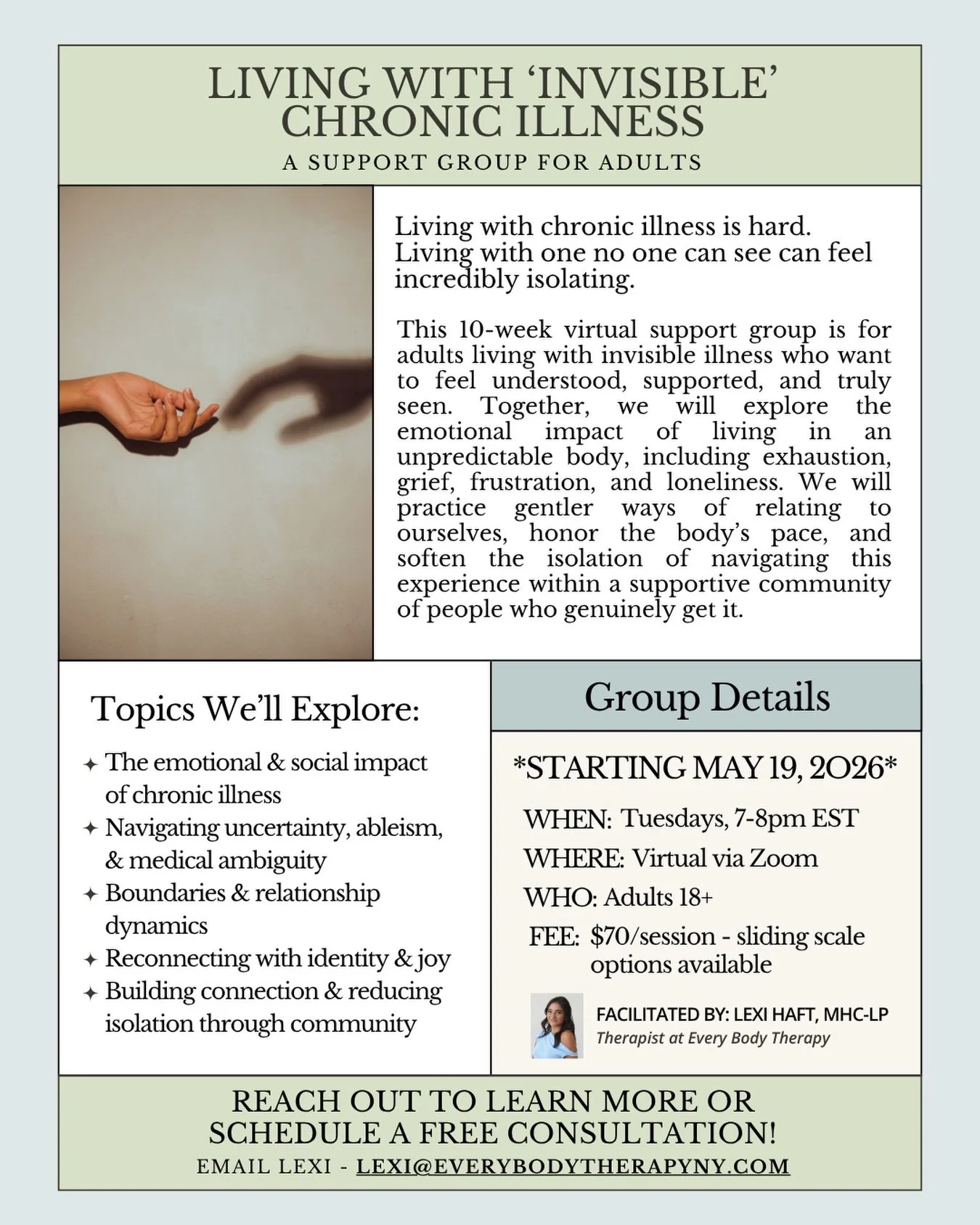 Registration is open for the next cycle of our Living With Invisible Chronic Illness Support Group 🤍

This group is for adults living with chronic illness who are looking for a space to feel understood, supported, and a little less alone in what the