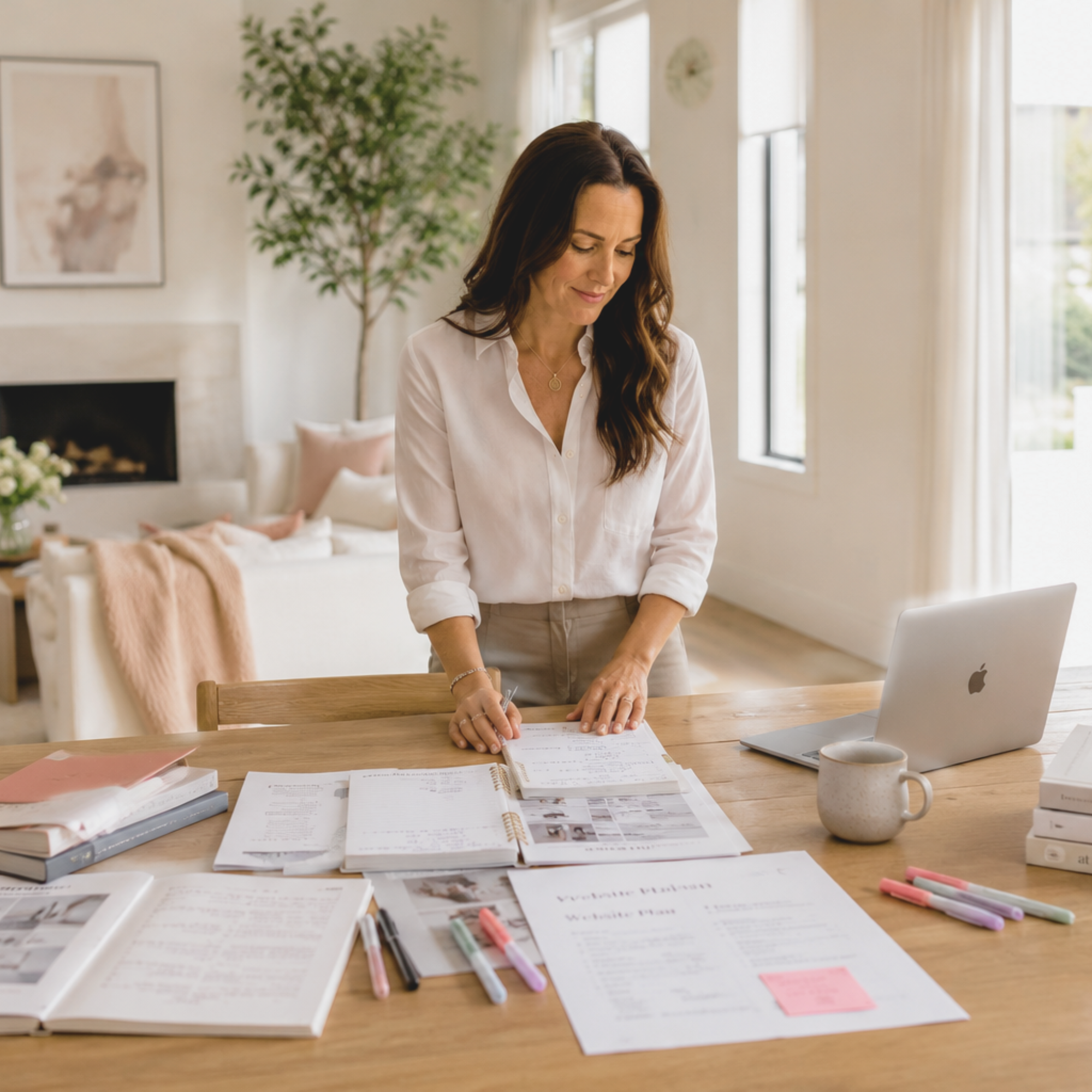 A woman with long brown hair, wearing a white shirt, stands at a kitchen or dining table, writing on a piece of paper. The table is covered with open books, notebooks, pens, and markers. In the background, there are large windows, a plant, a clock, and a framed picture on the wall.