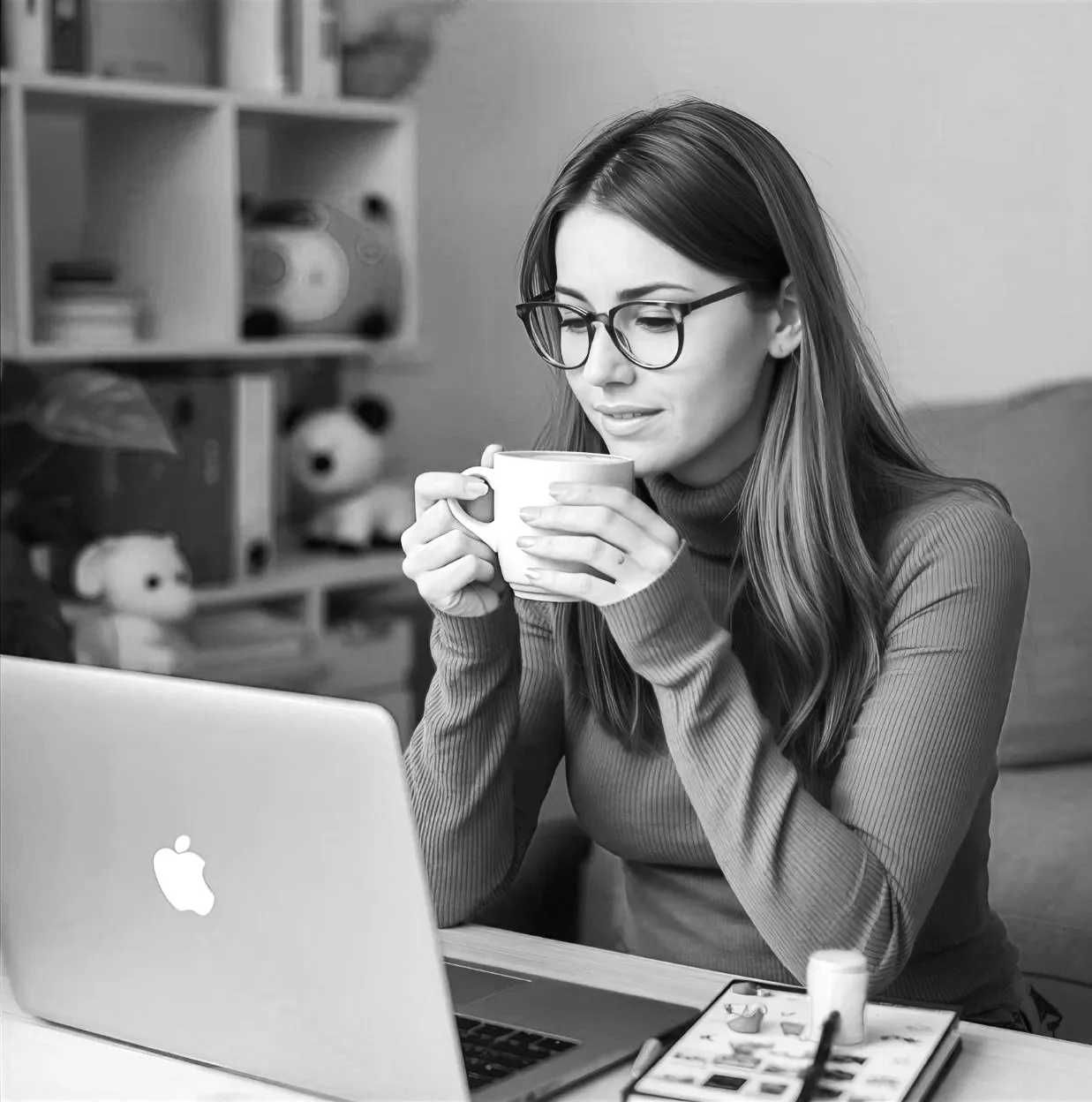 A woman with glasses holding a cup, sitting at a desk with an open MacBook laptop, in a room with shelves of stuffed animals and books.