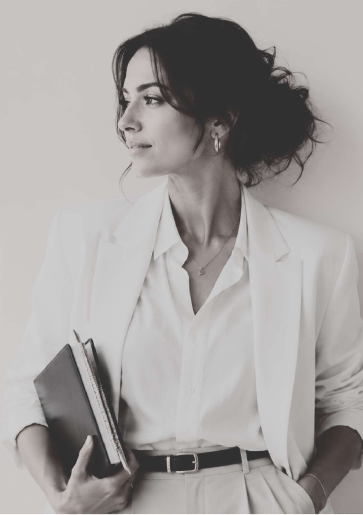 A woman in a white blazer holding a black notebook and pen, standing against a plain background.