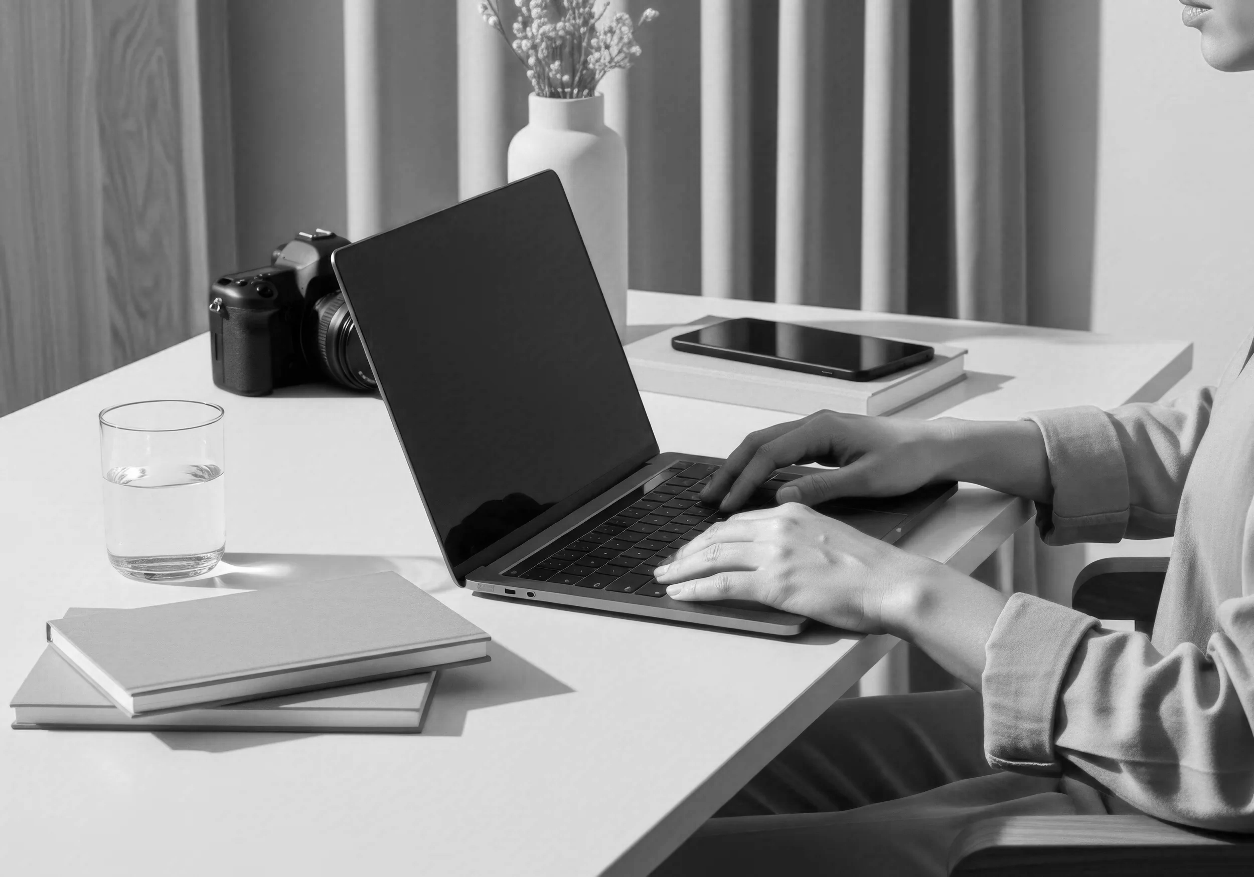 A person using a laptop at a desk with a glass of water, a camera, a smartphone, stacked notebooks, and a potted plant in the background.