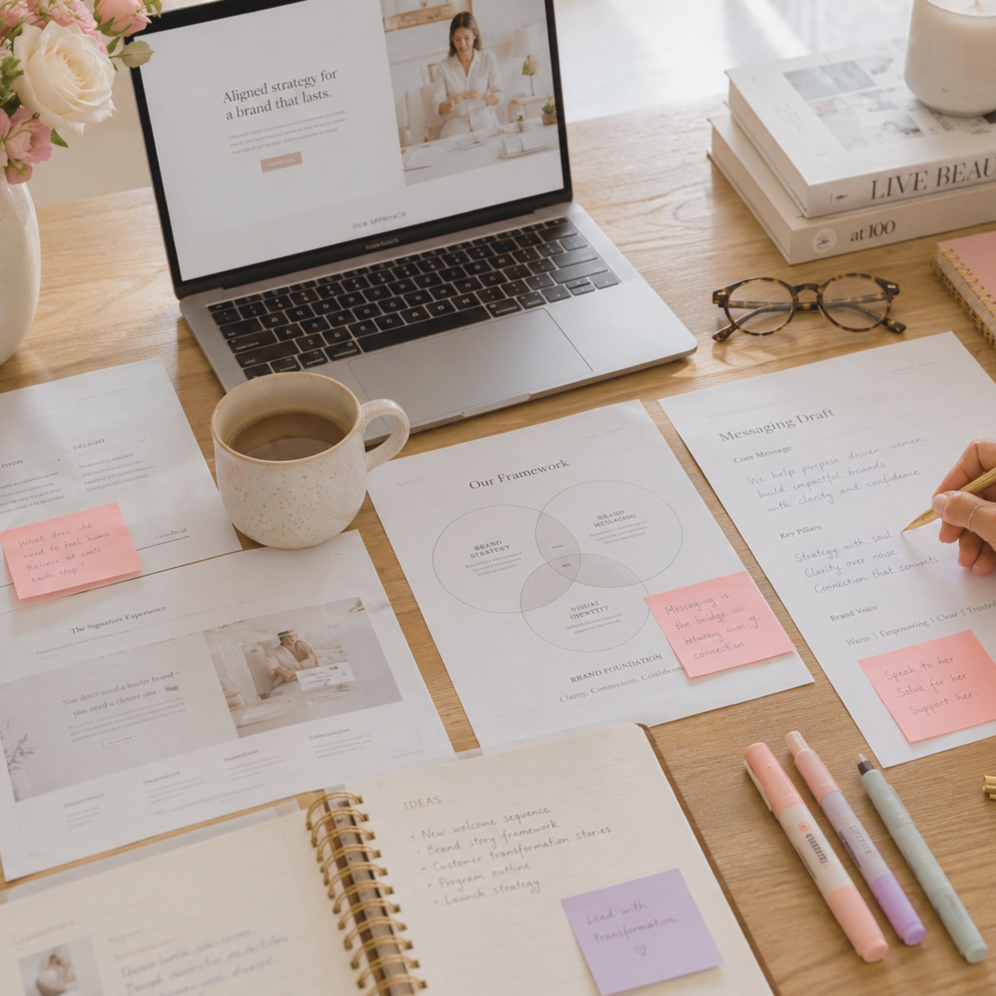 A desk with a laptop showing a presentation or website, a cup of coffee, a pair of tortoiseshell glasses, stacked books, notes, and colored markers, with a vase of flowers on the side.