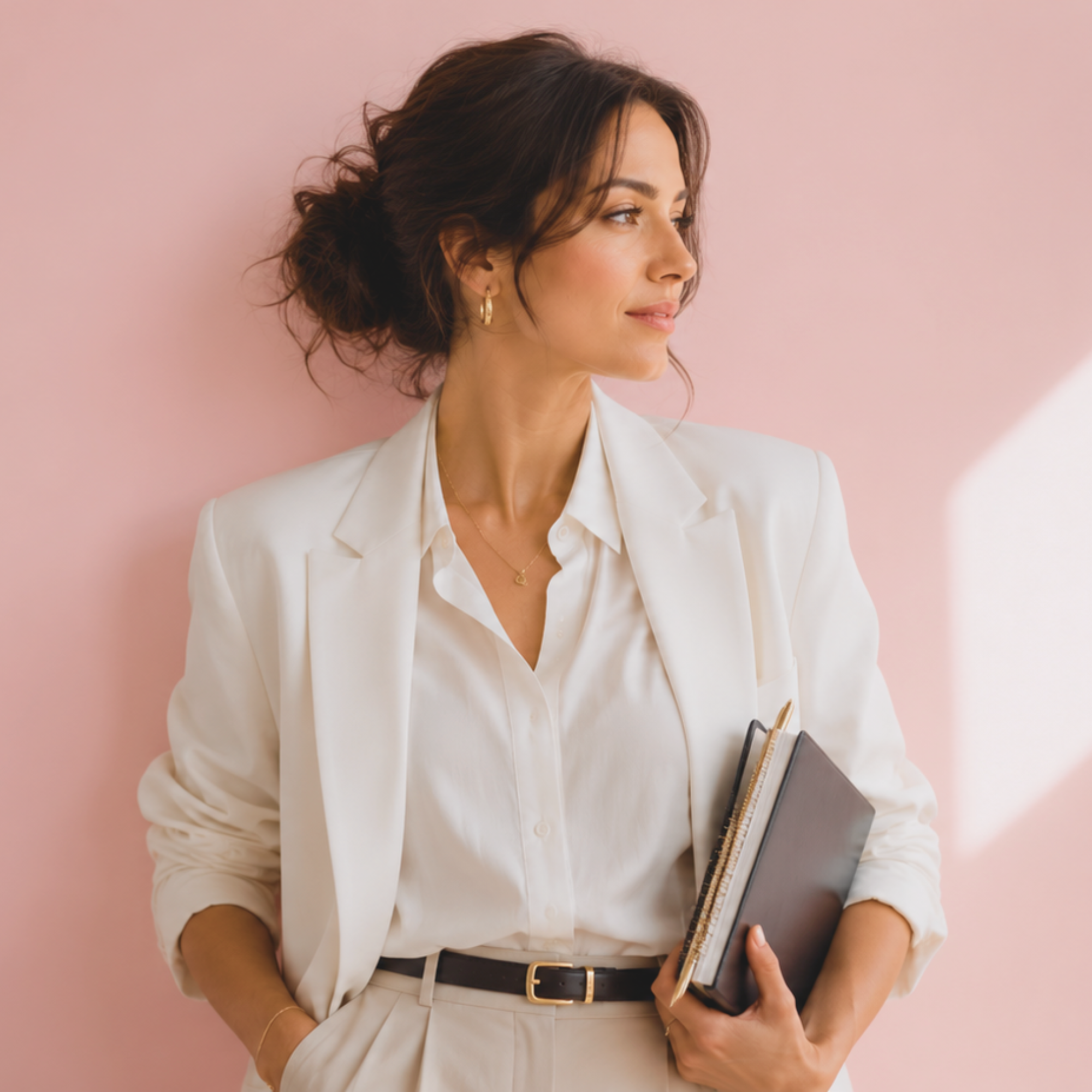 A woman with dark, wavy hair in a loose bun, wearing a white blazer and gold hoop earrings, holding notebooks and a pen, standing against a light pink background.