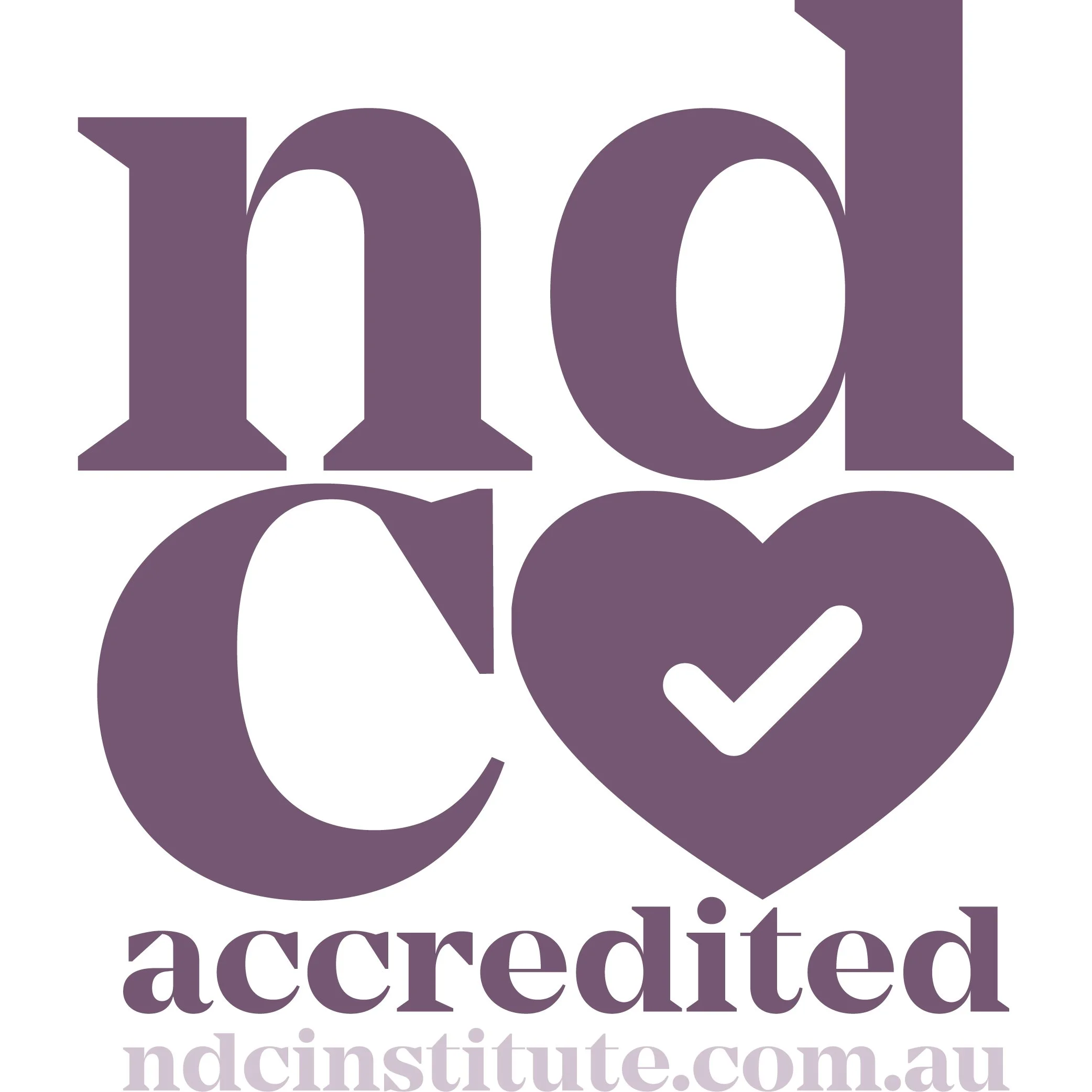The logo features the words 'ndc' in large purple letters, a purple heart with a white checkmark inside, and the word 'accredited' beneath the heart. The website 'ndcinstiute.com.au' is written in light purple at the bottom.