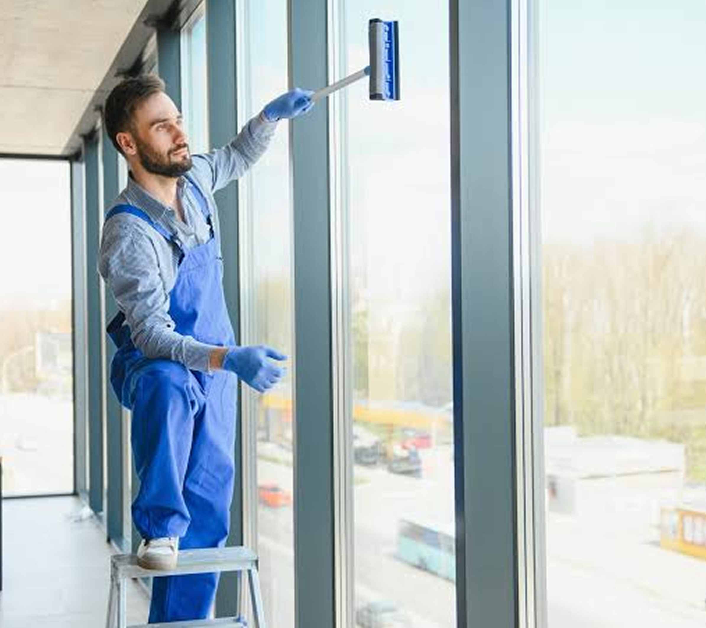 A man in blue work overalls and gloves standing on a small step stool, using an extension squeegee to clean tall, modern glass windows indoors.