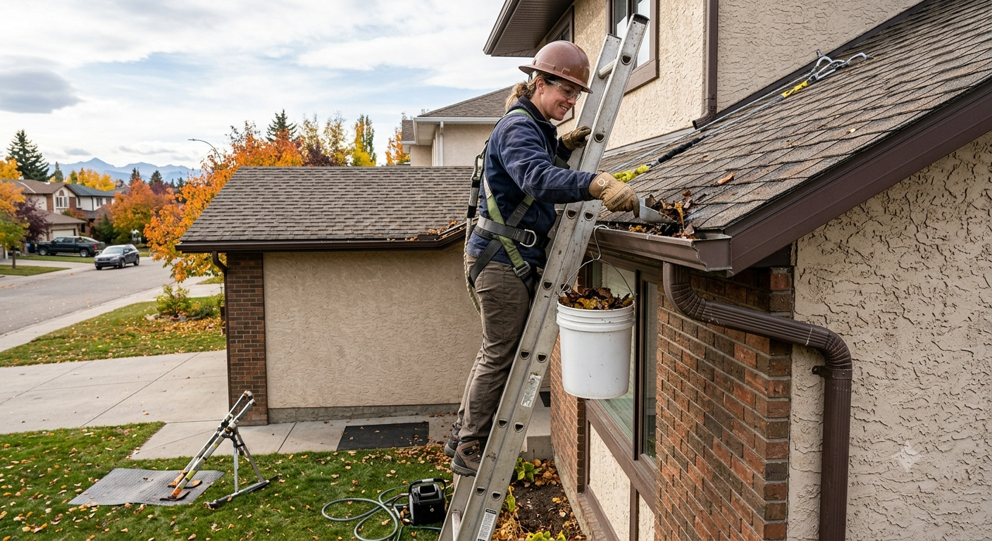 A woman cleaning leaves and debris from the roof of a house using a ladder and tools on a fall day.