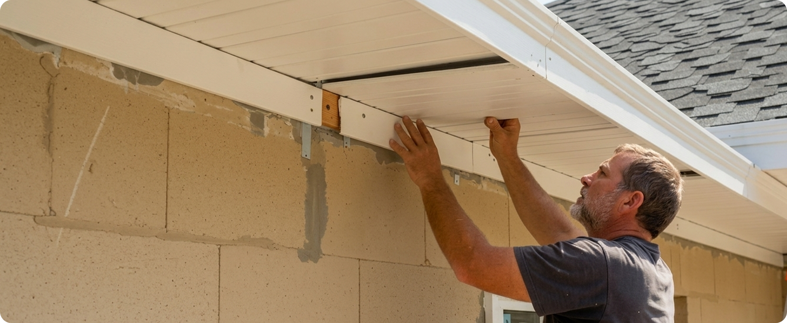 Man installing a white gutter under the roof eaves of a house.