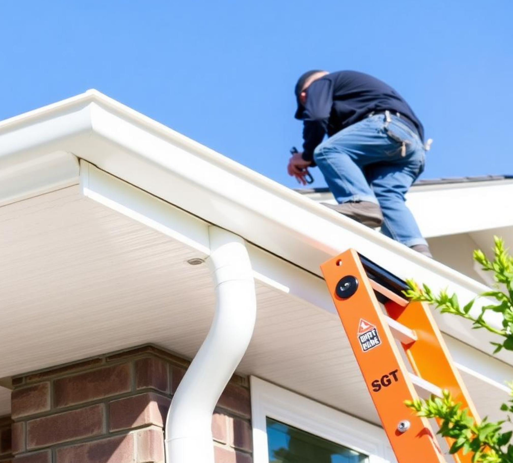 Gutter Doctor professional working on a roof near white aluminum gutters using an orange extension ladder.