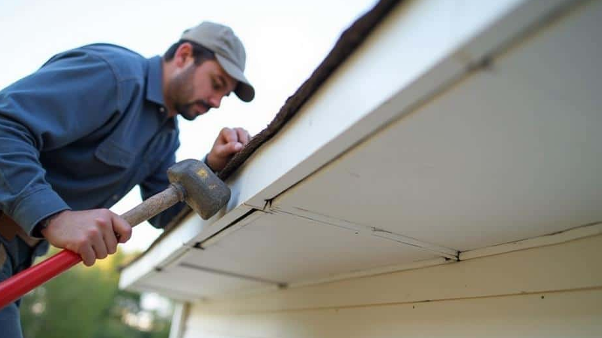 A man wearing a blue shirt and gray cap is using a hammer and chisel to work on the underside of a roof or eaves.