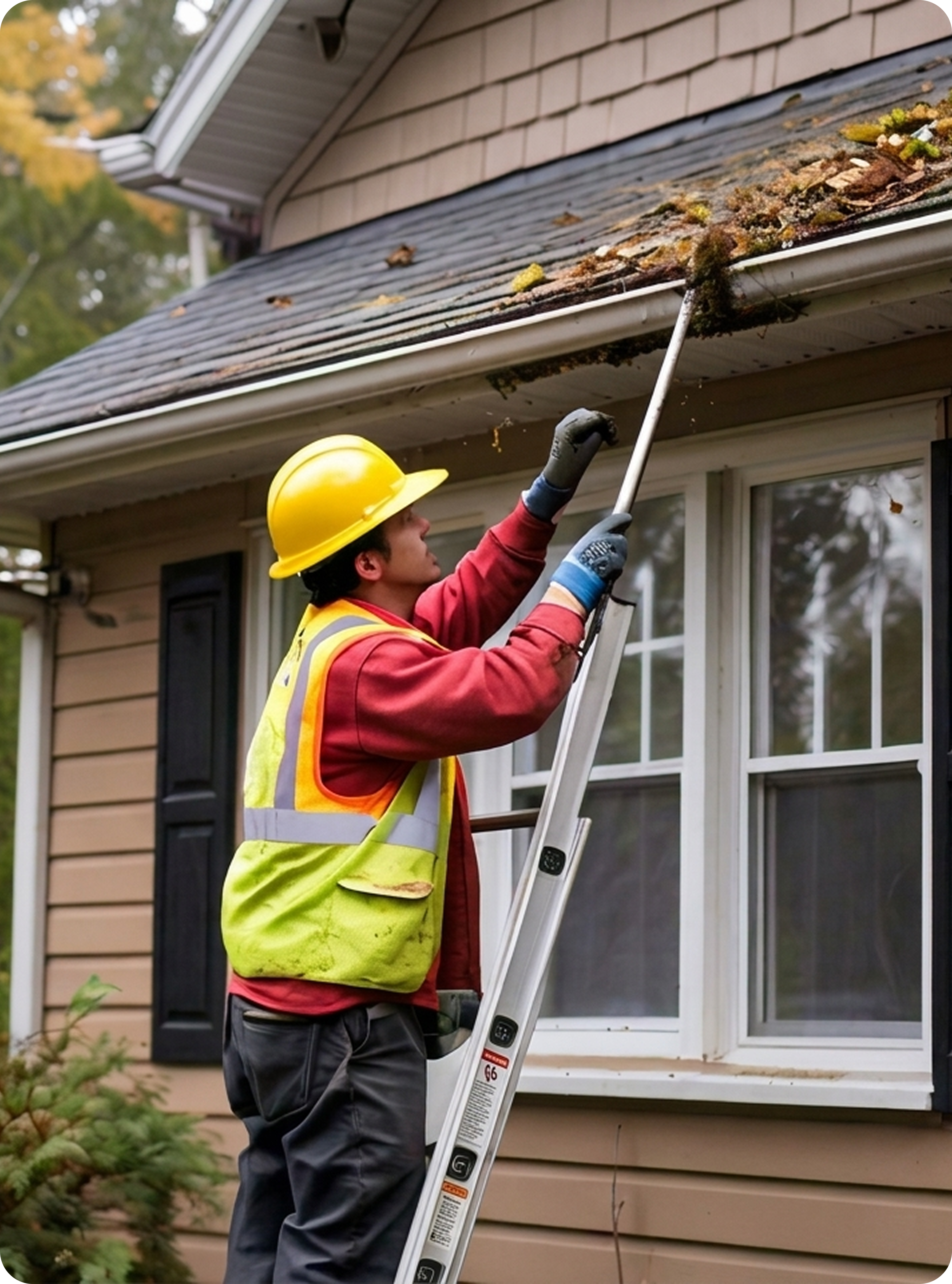 A man wearing a yellow hard hat and safety vest cleans a rain gutter on a house with a long ladder.