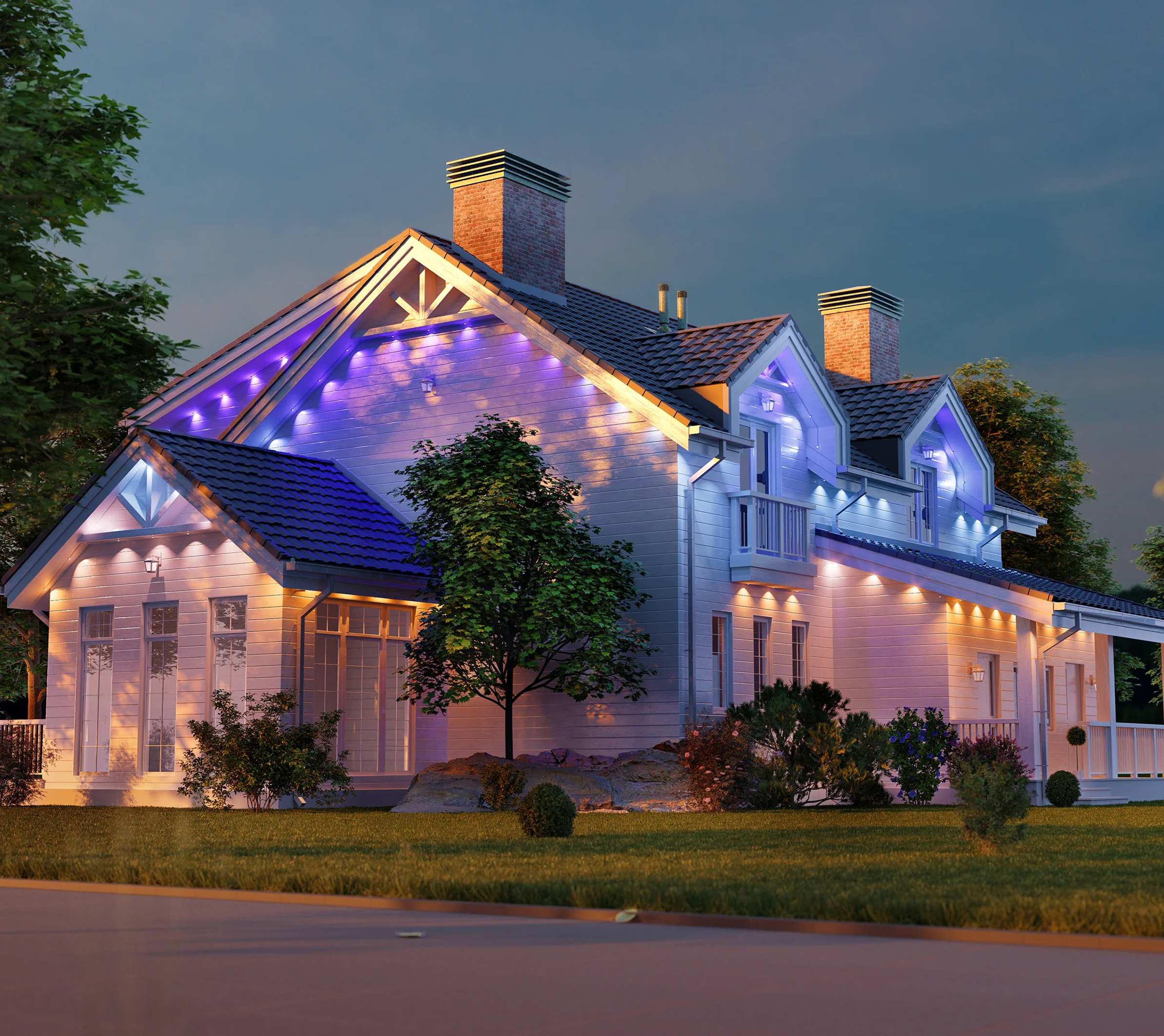 A large, multi-story house with a gabled roof, painted white, illuminated with purple and blue exterior lights. The house has multiple chimneys and a front porch, surrounded by trees and a well-maintained lawn under a cloudy evening sky.