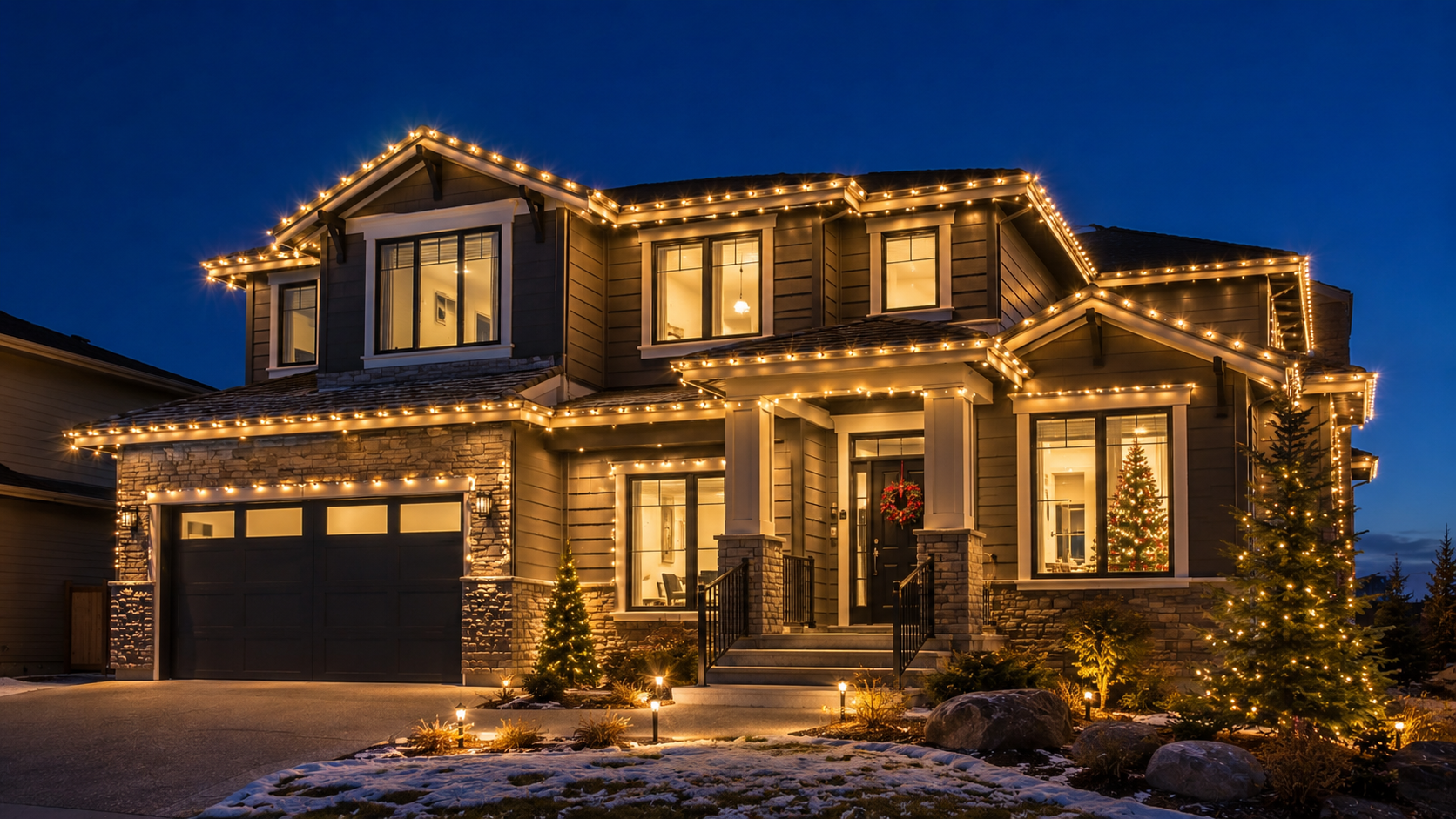 A two-story house decorated with Christmas lights, with a Christmas tree and wreath visible through the windows, and two small illuminated Christmas trees in the front yard, during winter.