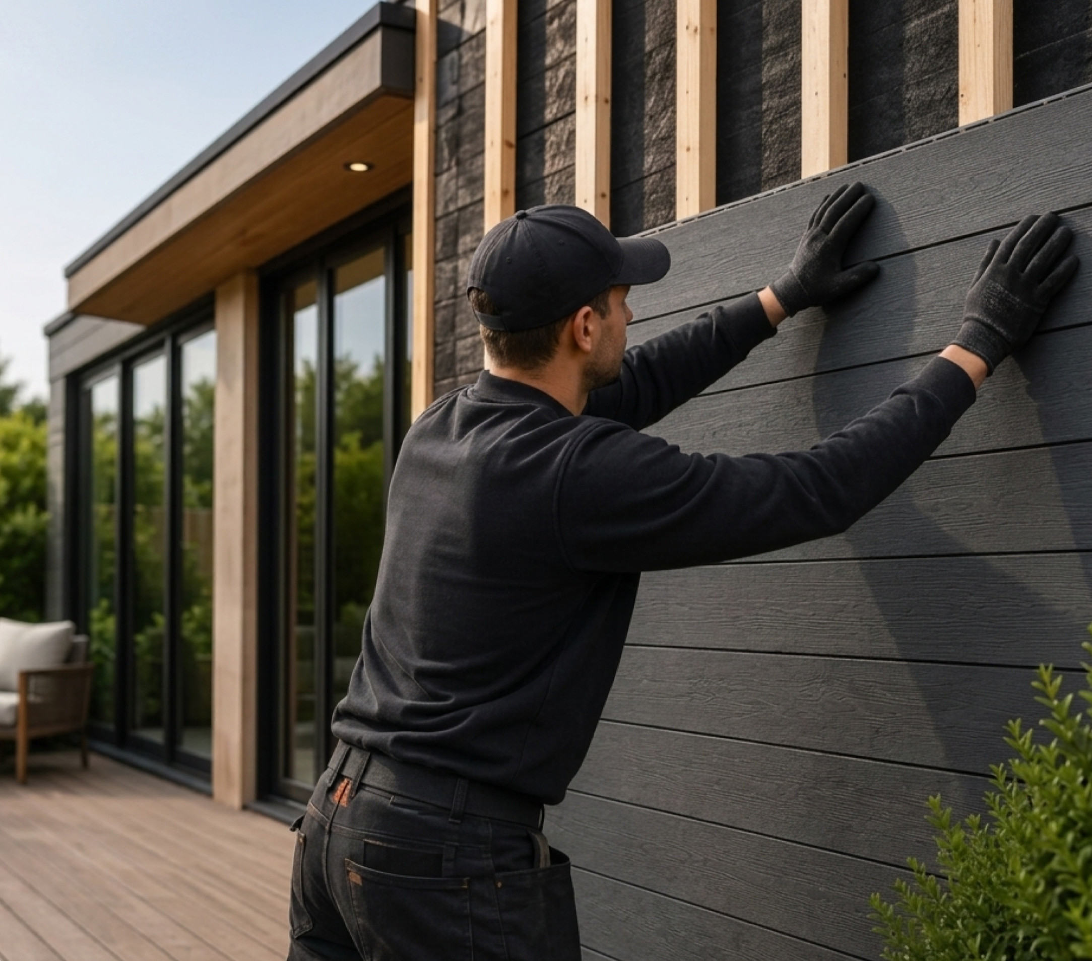 A person wearing a black cap and gloves is installing or inspecting dark gray wooden siding on the exterior of a modern building with large windows and a balcony.