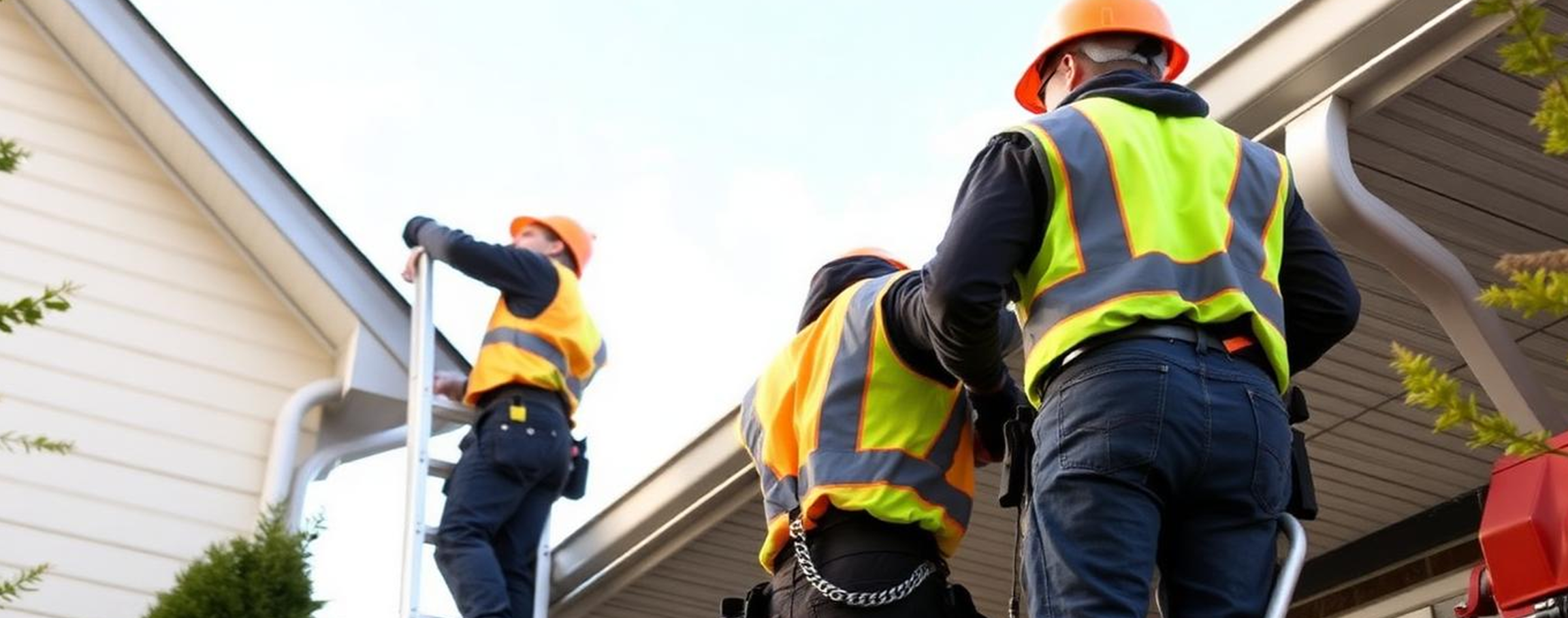 Three workers wearing orange helmets and yellow safety vests inspecting a house's roof and gutters.