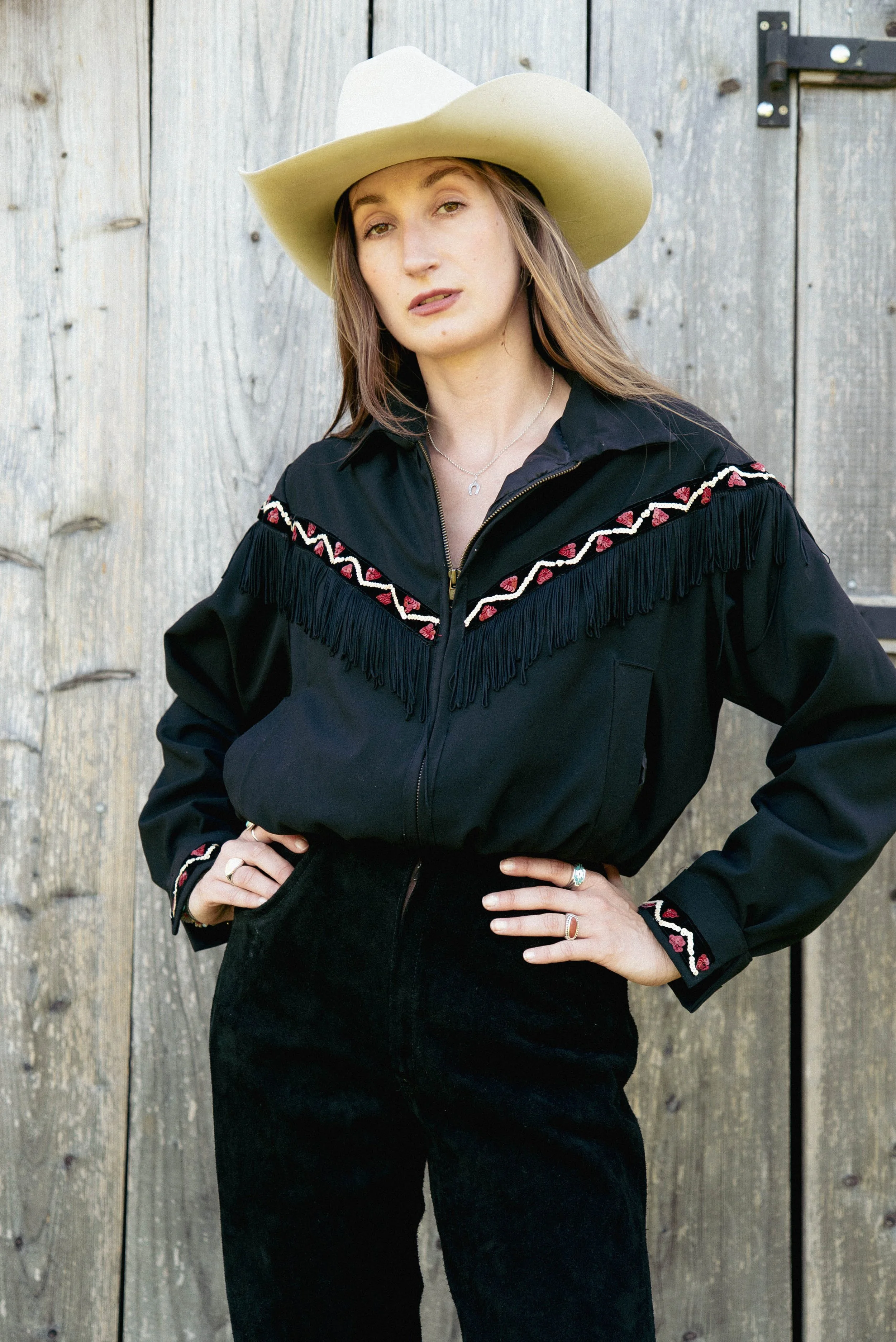 80s/90s black fringe bomber jacket