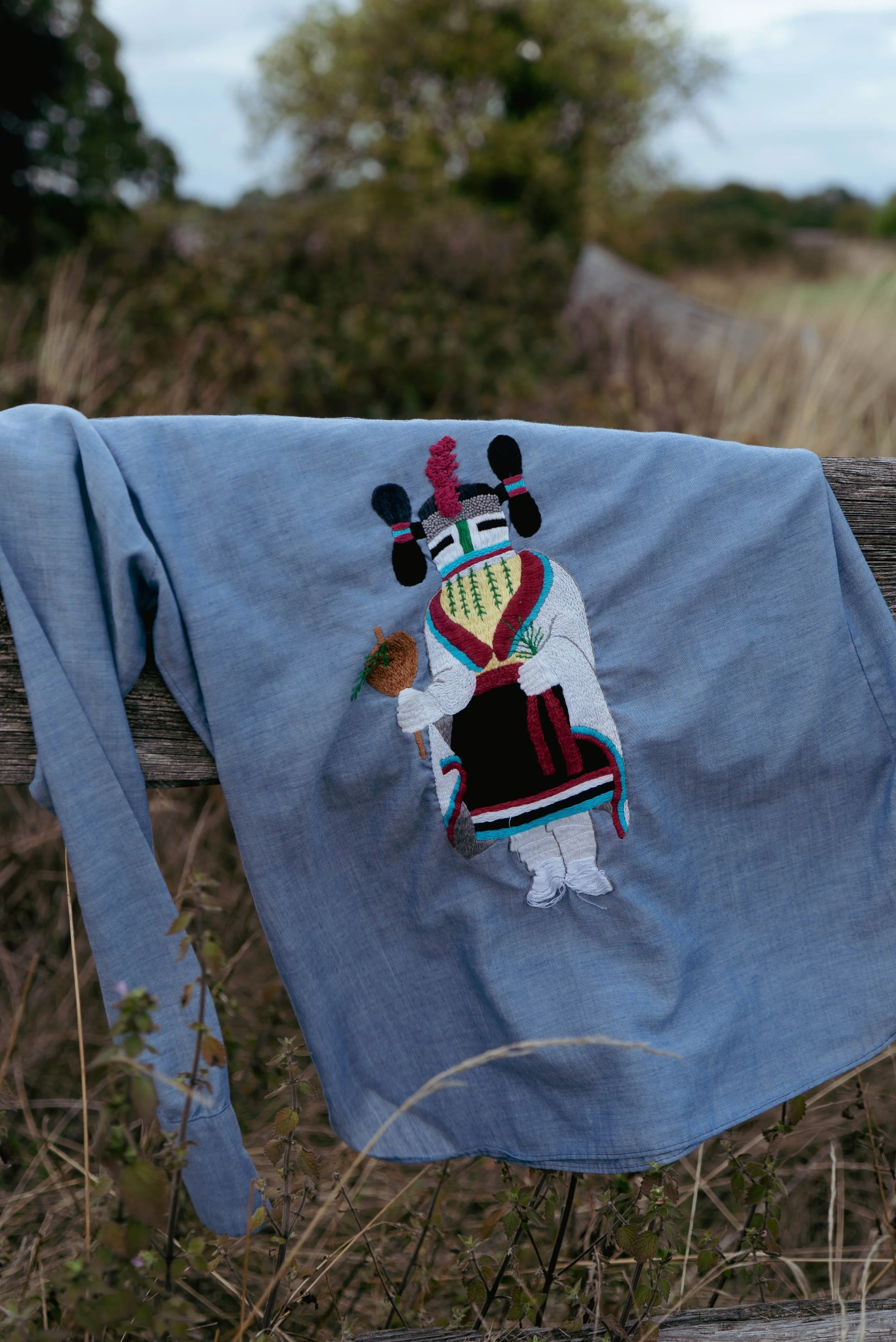 70s Wrangler chambray shirt with hand embroidered kachina figure