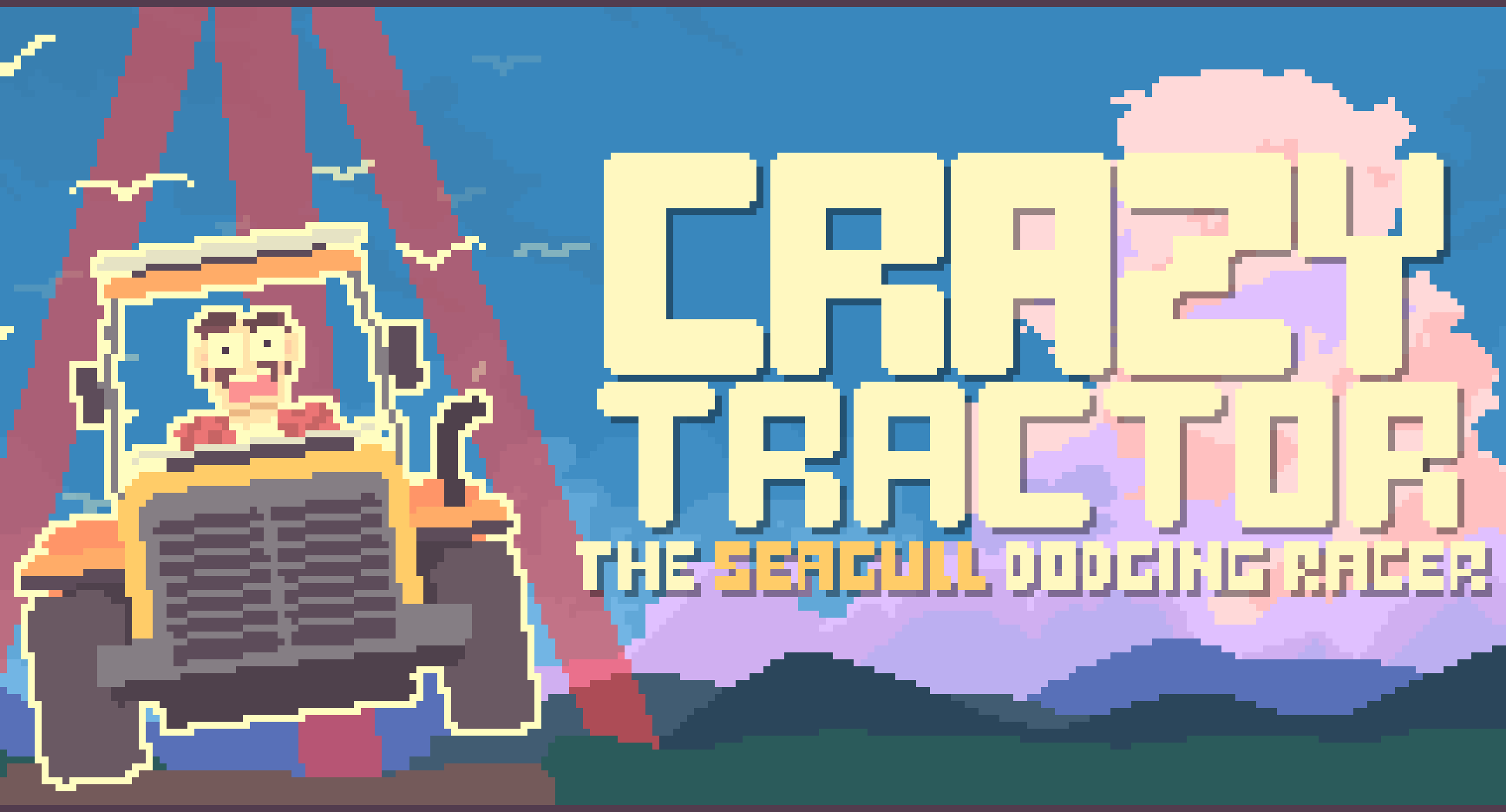Pixel art illustration of a yellow dump truck with a smiling person inside, set against a background with mountains and clouds, with the title 'Crash Tractior: The Seagull Dodging Racer' in bold letters.