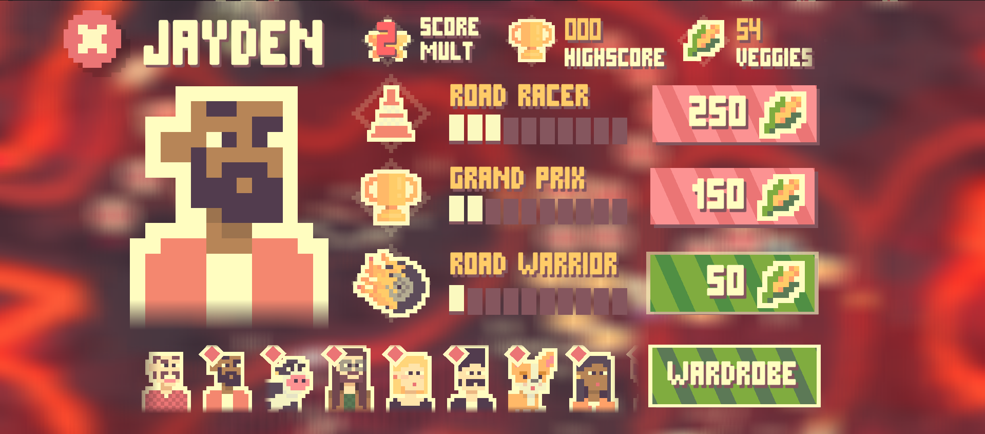 Pixel art game character profile screen showing player name 'JAYDEN', with stats for score, high score, veggies, and various achievements including road racer, grand prix, and road warrior; containing pixelated icons, game currency, and a wardrobe bu