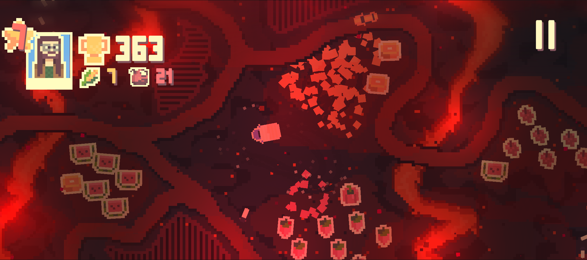Pixelated video game scene with a character portrait, health, and item icons in the top left corner, and a fiery abstract background. Player's character is in the center.