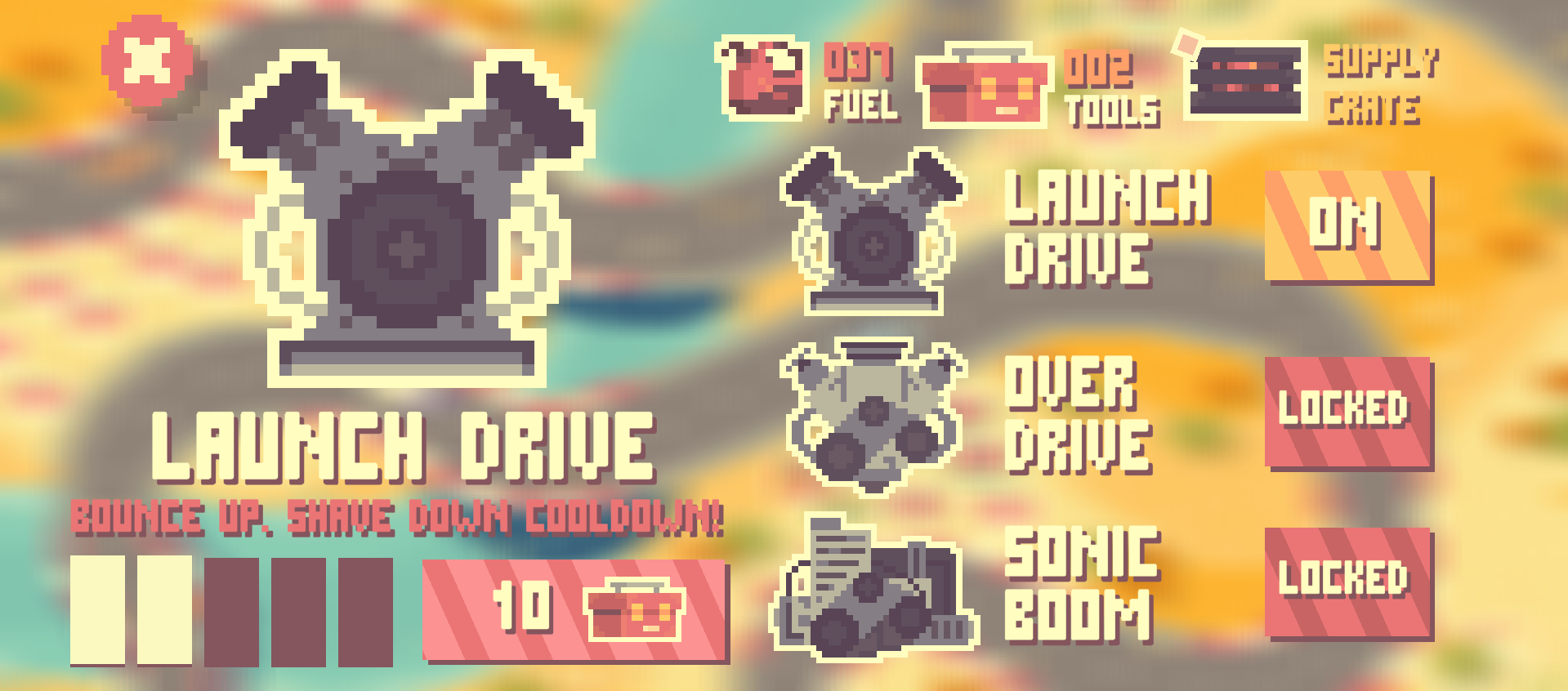 Pixel art-style game menu with options for launch drive, funding, tools, supply crate, start button, and lock signs. The main large icon features a dog’s face with a plus sign in the center, and there are smaller icons of a dog’s face, a dog with a g