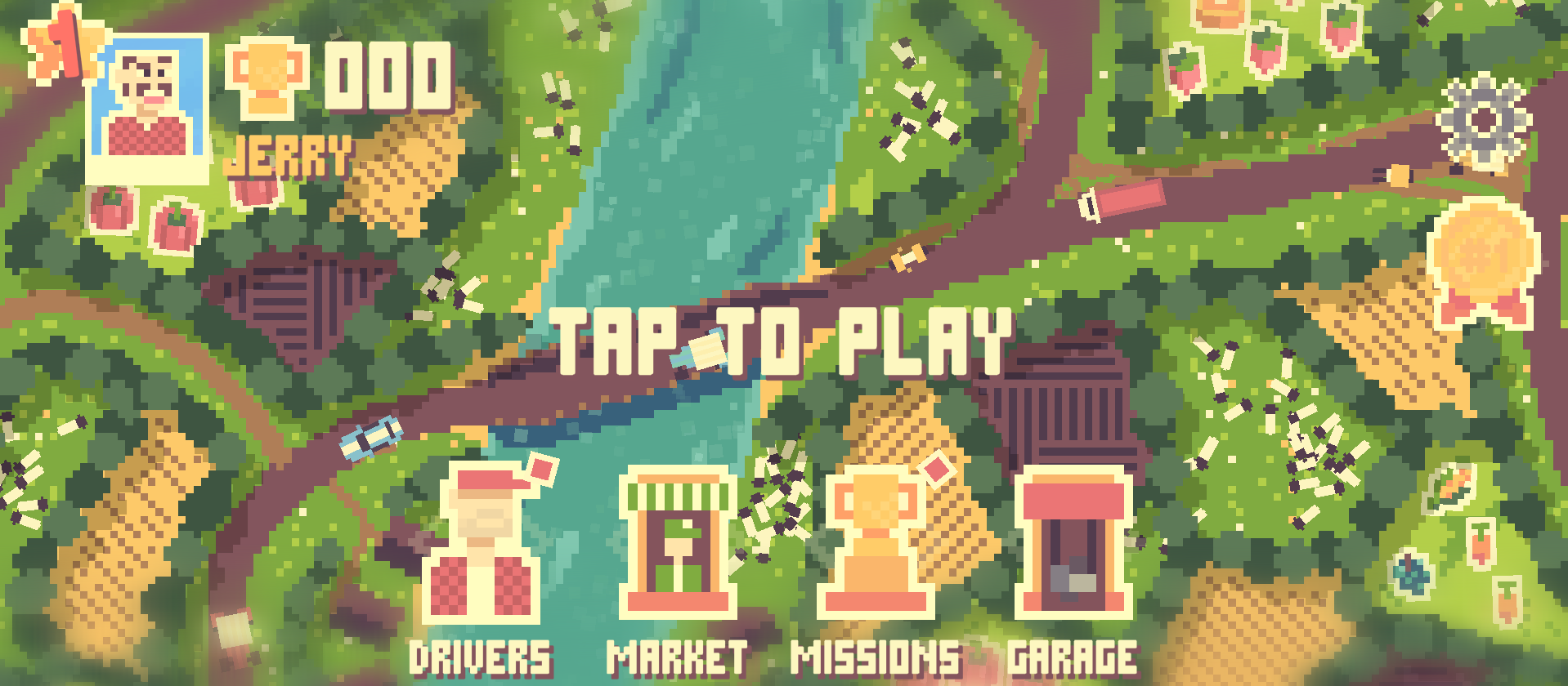 Pixel art game menu screen with a map background featuring roads, rivers, trees, and buildings. Text overlay says "Tap to Play" with icons labeled Drivers, Market, Missions, and Garage at the bottom.